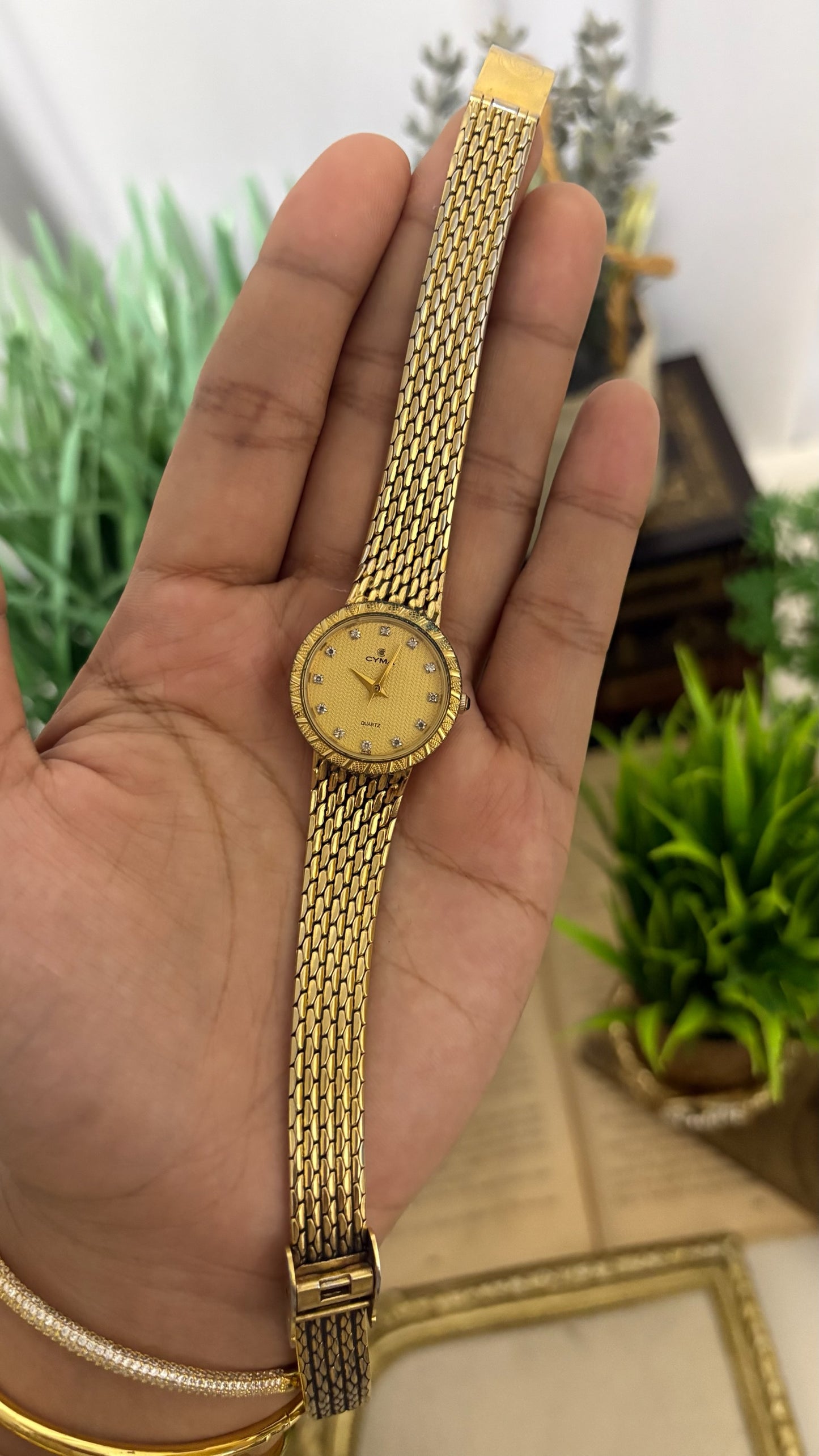 Vintage Cyma Round Watch with Gold Tone Basket Weave Link Strap