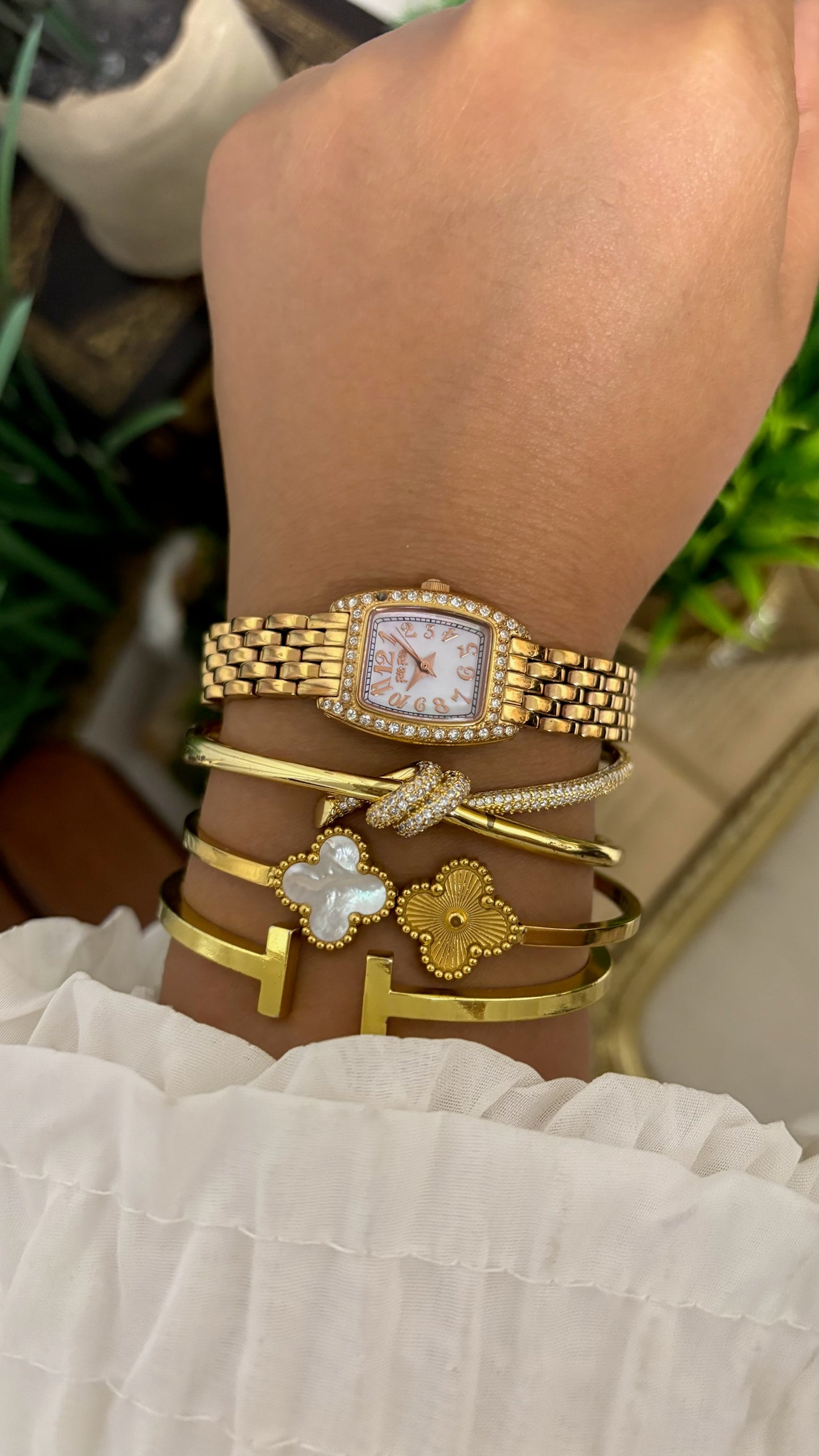 Vintage Folli Follie Tonneau Crystal Watch with Gold Tone Link Bracelet