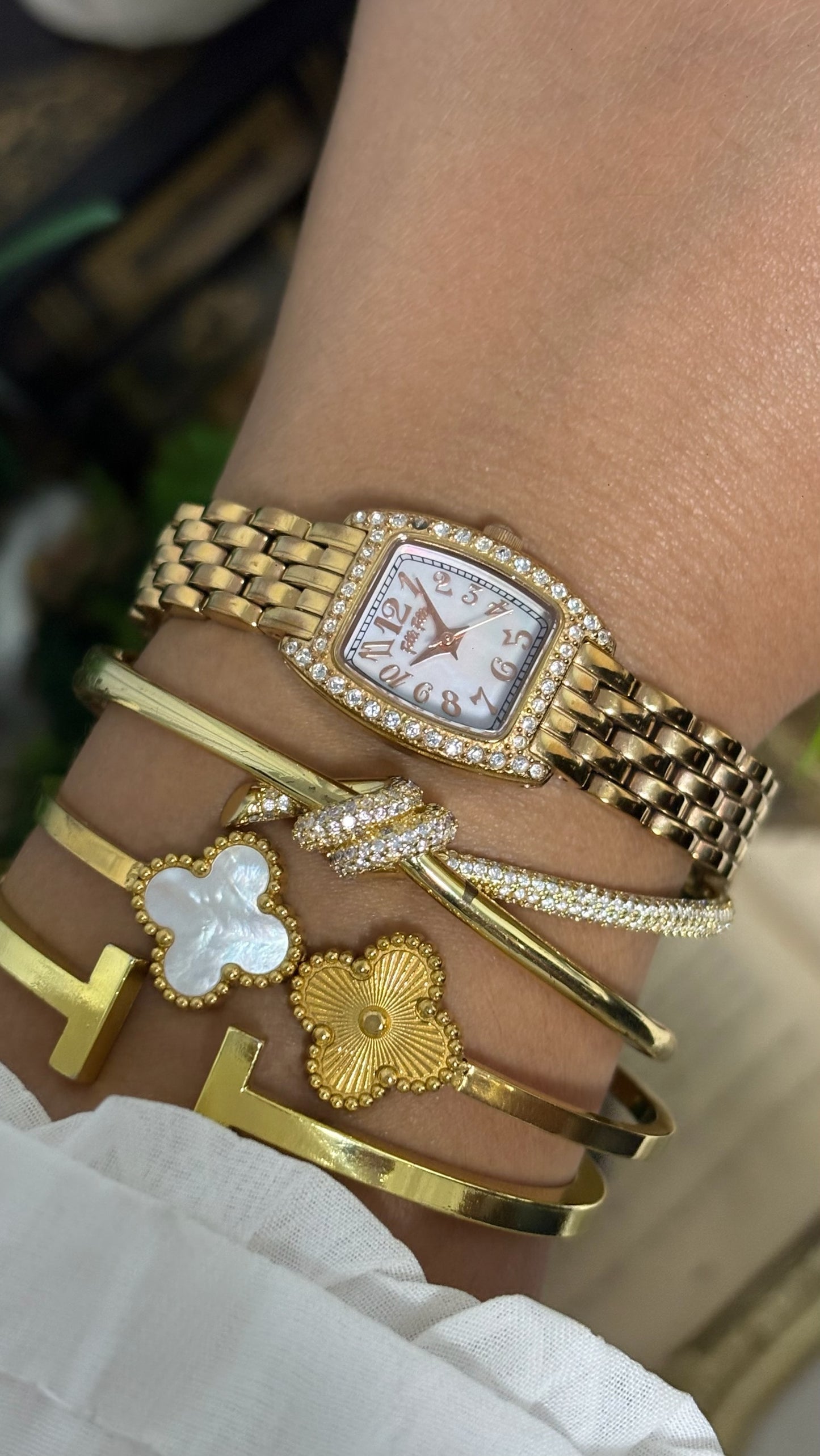 Vintage Folli Follie Tonneau Crystal Watch with Gold Tone Link Bracelet