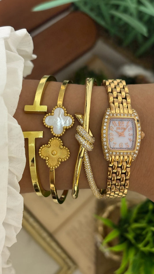 Vintage Folli Follie Tonneau Crystal Watch with Gold Tone Link Bracelet