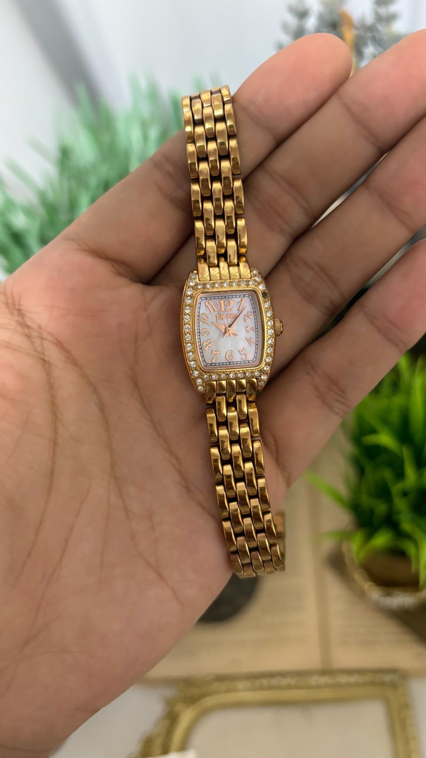 Vintage Folli Follie Tonneau Crystal Watch with Gold Tone Link Bracelet