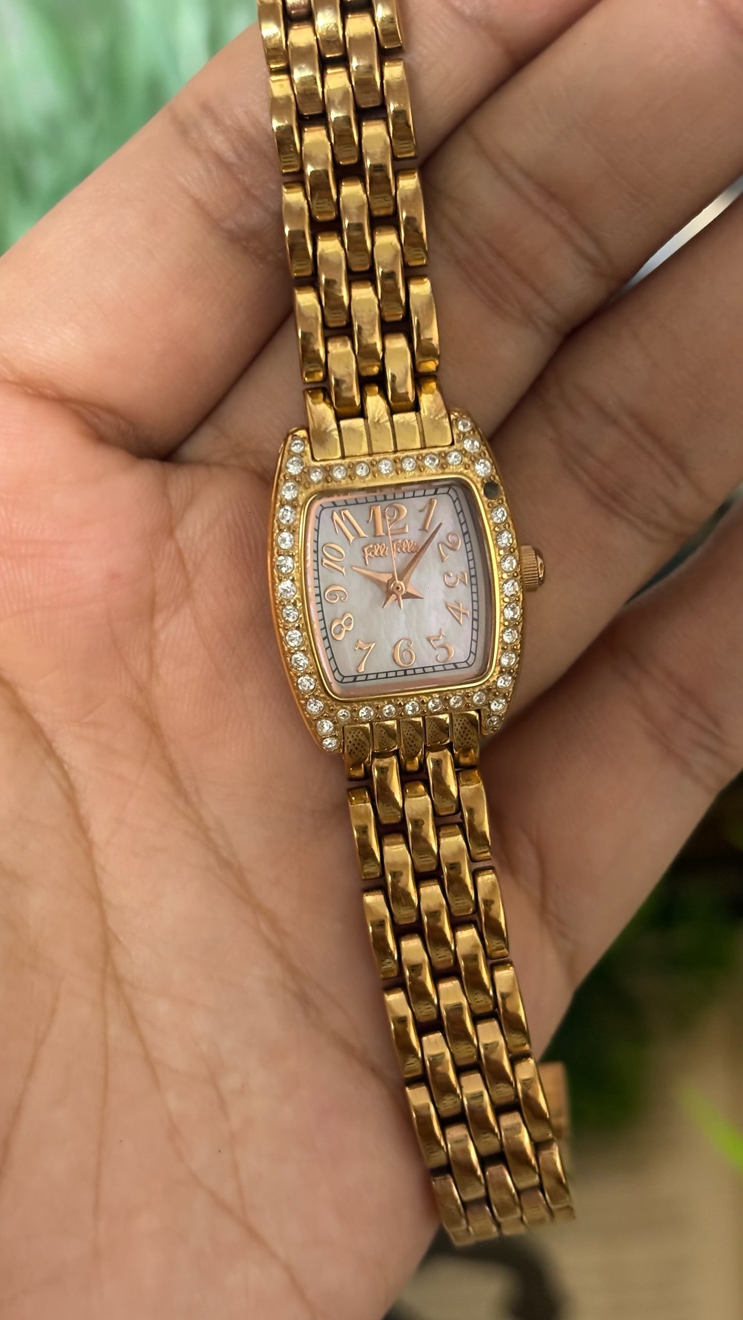 Vintage Folli Follie Tonneau Crystal Watch with Gold Tone Link Bracelet