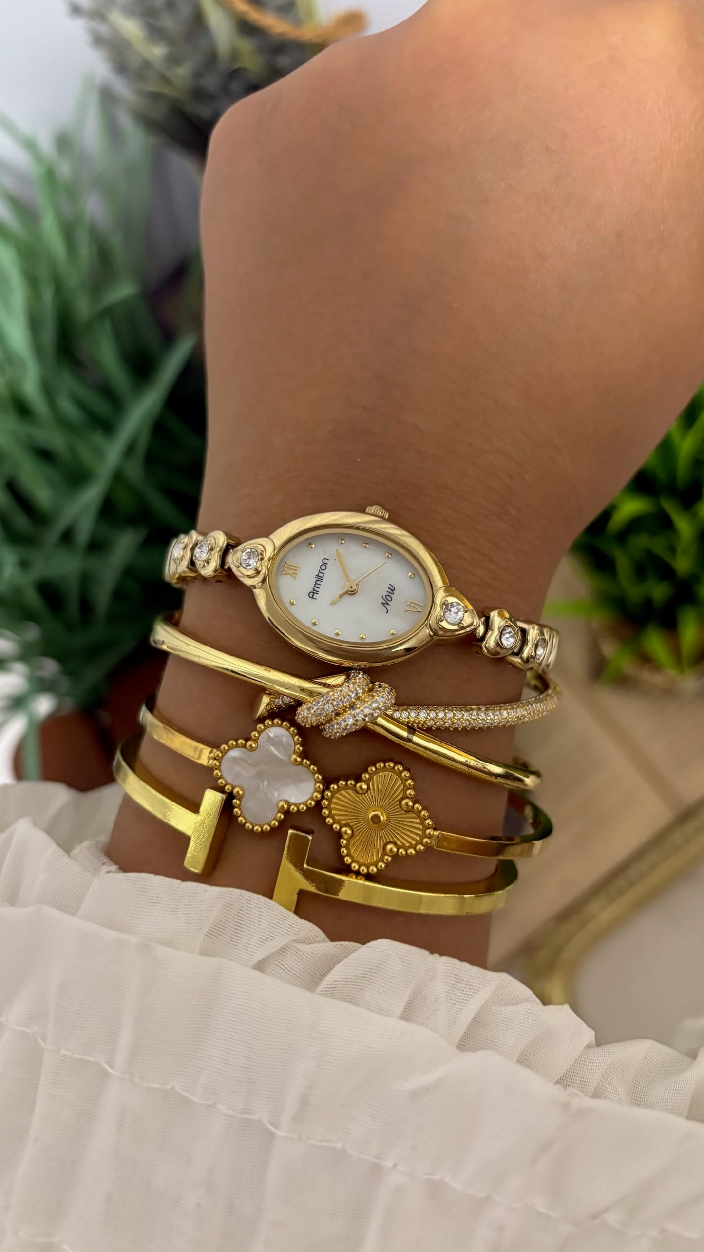 Vintage Armitron Now Oval Watch with Crystal Heart Link Bracelet in Gold Tone Quartz