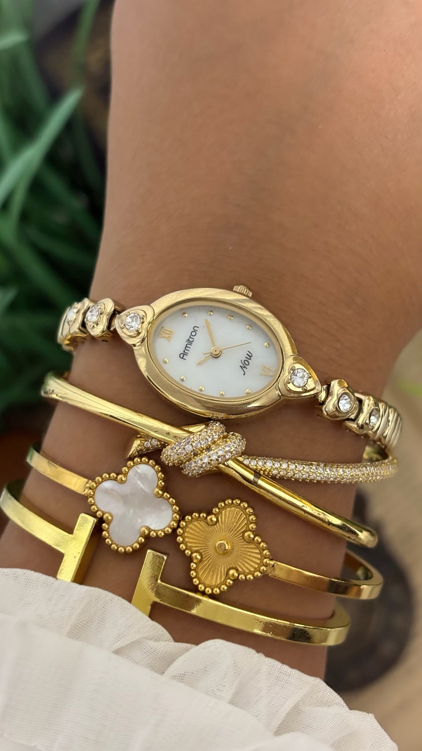 Vintage Armitron Now Oval Watch with Crystal Heart Link Bracelet in Gold Tone Quartz