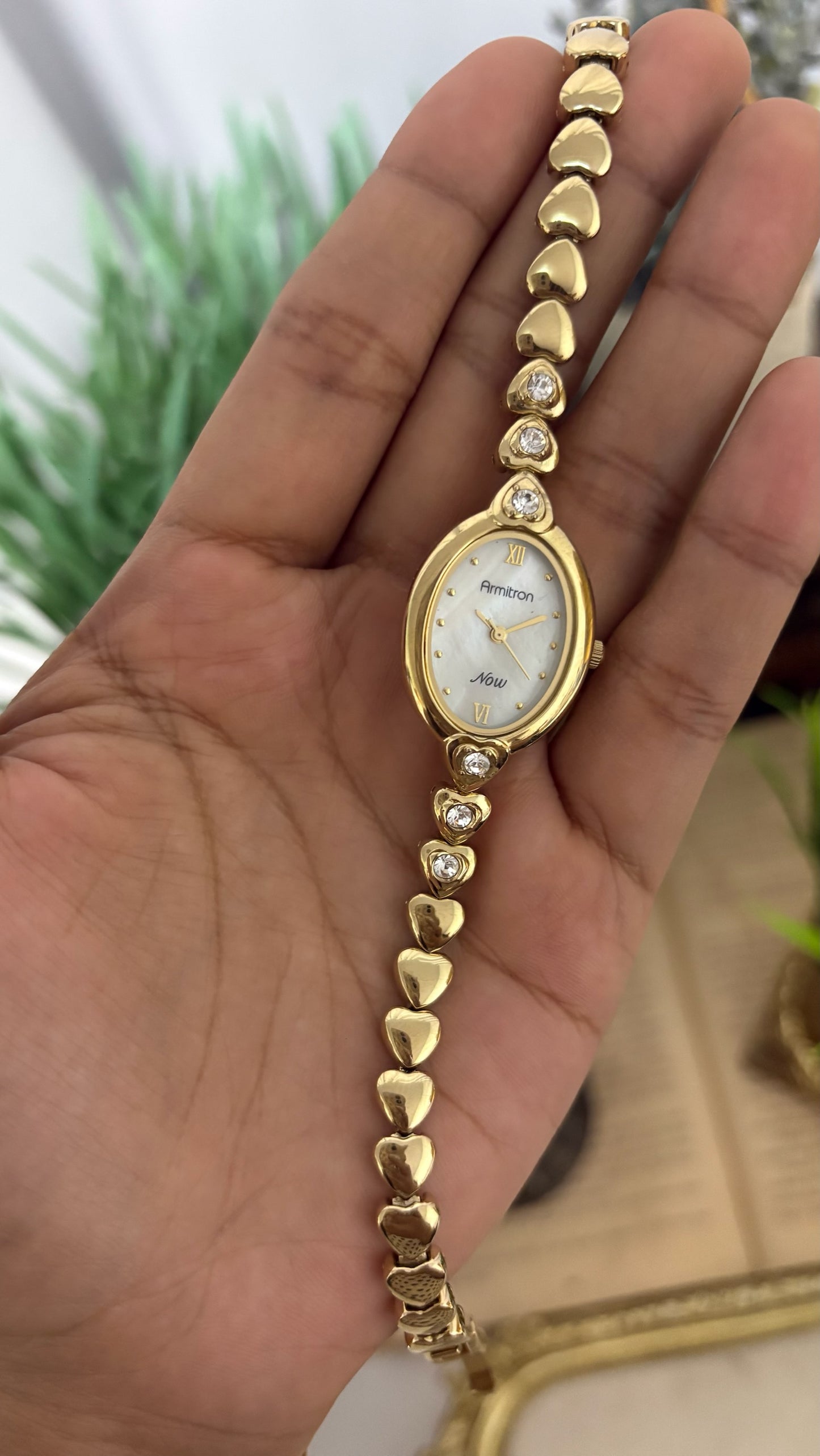Vintage Armitron Now Oval Watch with Crystal Heart Link Bracelet in Gold Tone Quartz