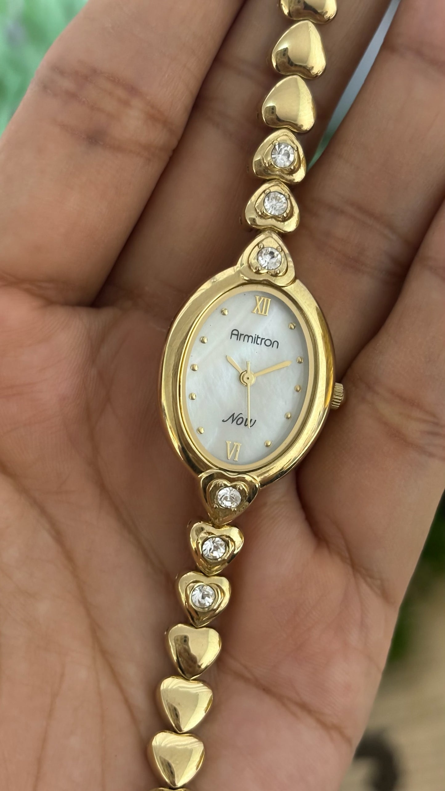 Vintage Armitron Now Oval Watch with Crystal Heart Link Bracelet in Gold Tone Quartz