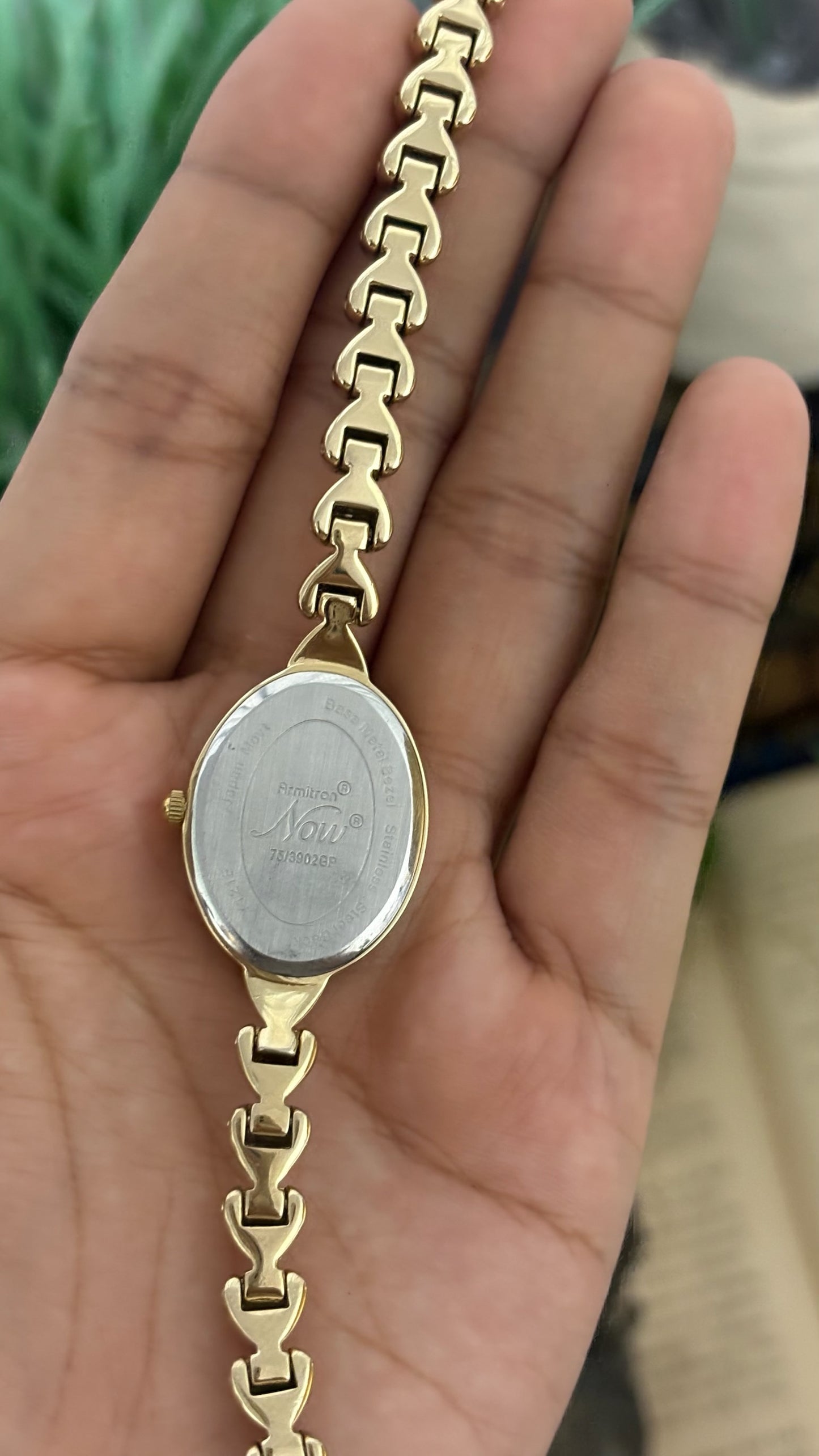 Vintage Armitron Now Oval Watch with Crystal Heart Link Bracelet in Gold Tone Quartz