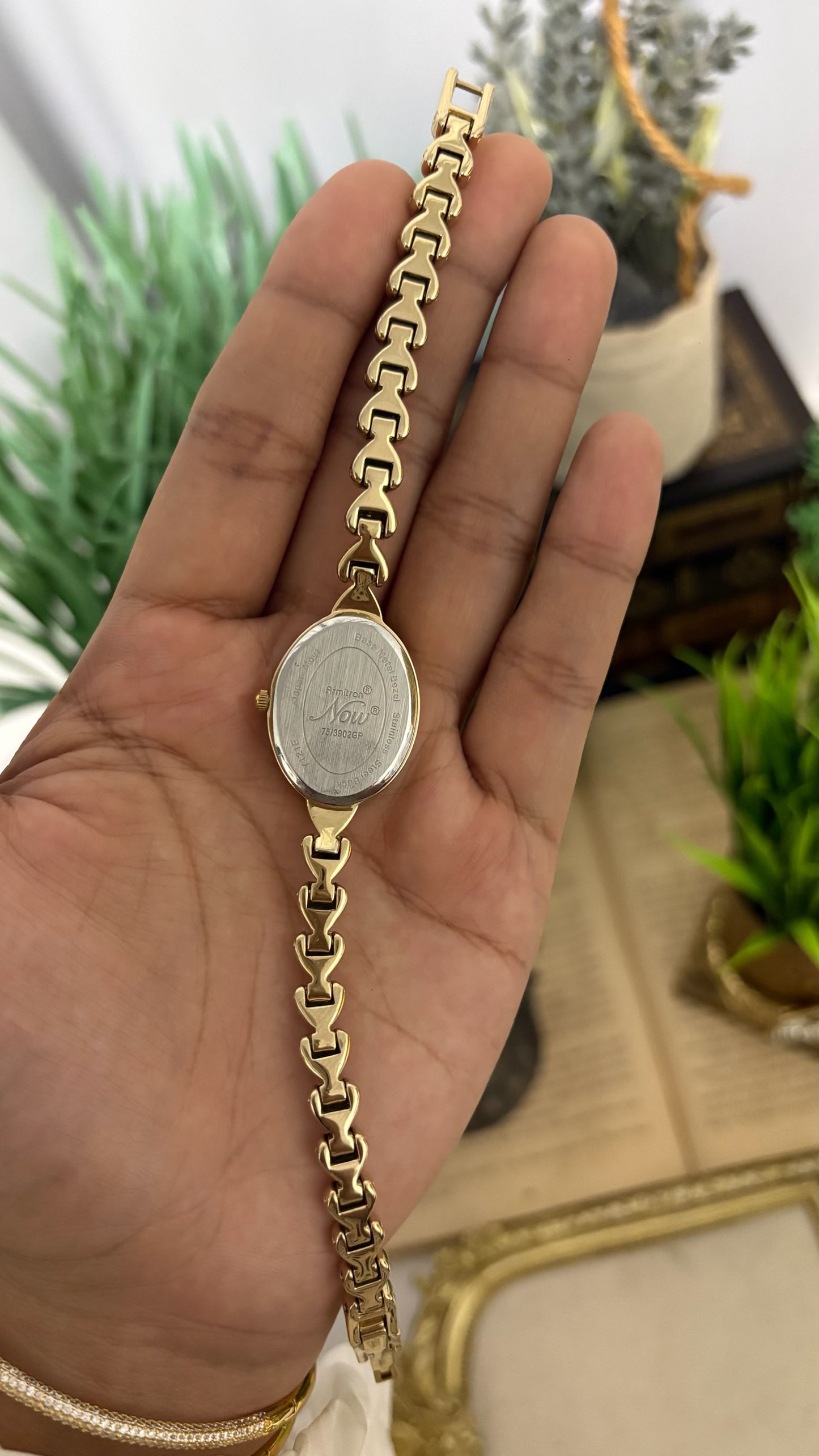Vintage Armitron Now Oval Watch with Crystal Heart Link Bracelet in Gold Tone Quartz