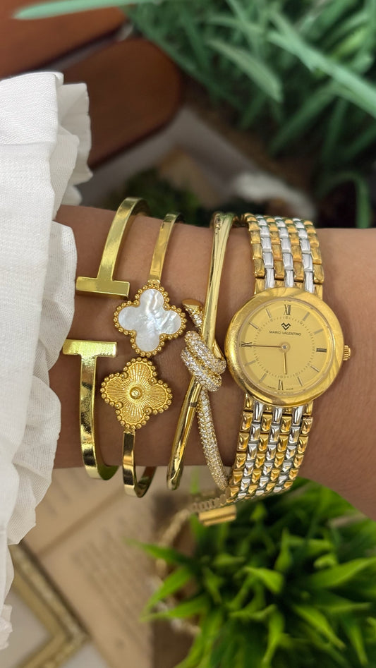 Vintage Mario Valentino Round Watch with Two-Tone Rice Link Bracelet in Gold and Silver Tone Quartz