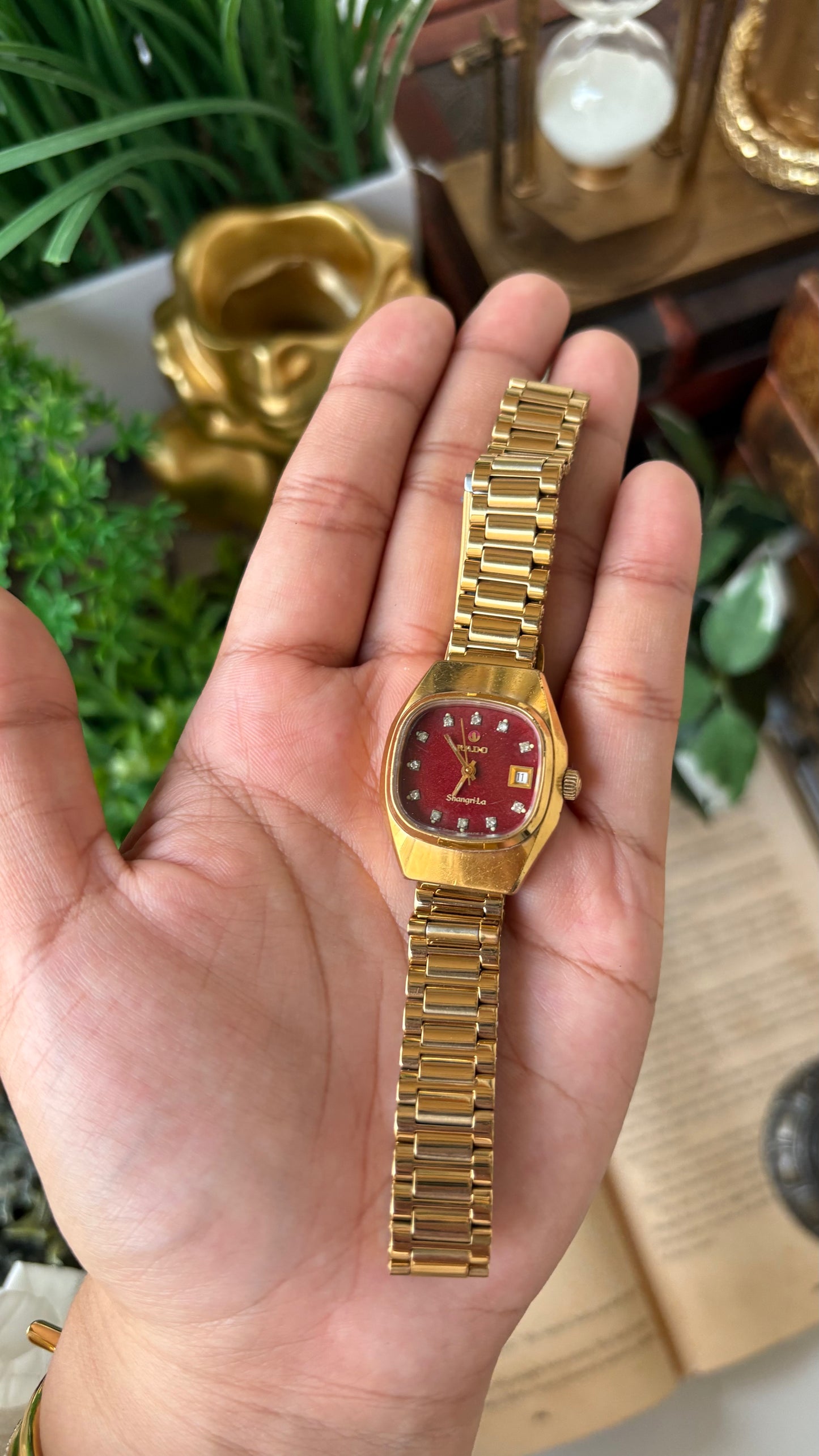 Extremely Rare Vintage Rado Shangri-la Automatic Swiss Watch in Gold Tone Red Television Style Dial