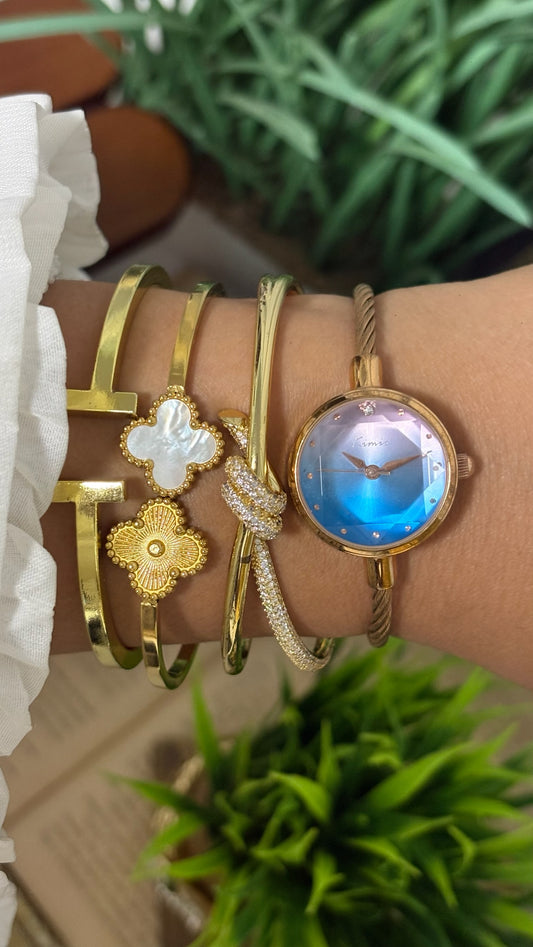 Vintage Kimio Round Watch with Gradient Faceted Dial and Rose Gold Tone Cable Bangle Strap