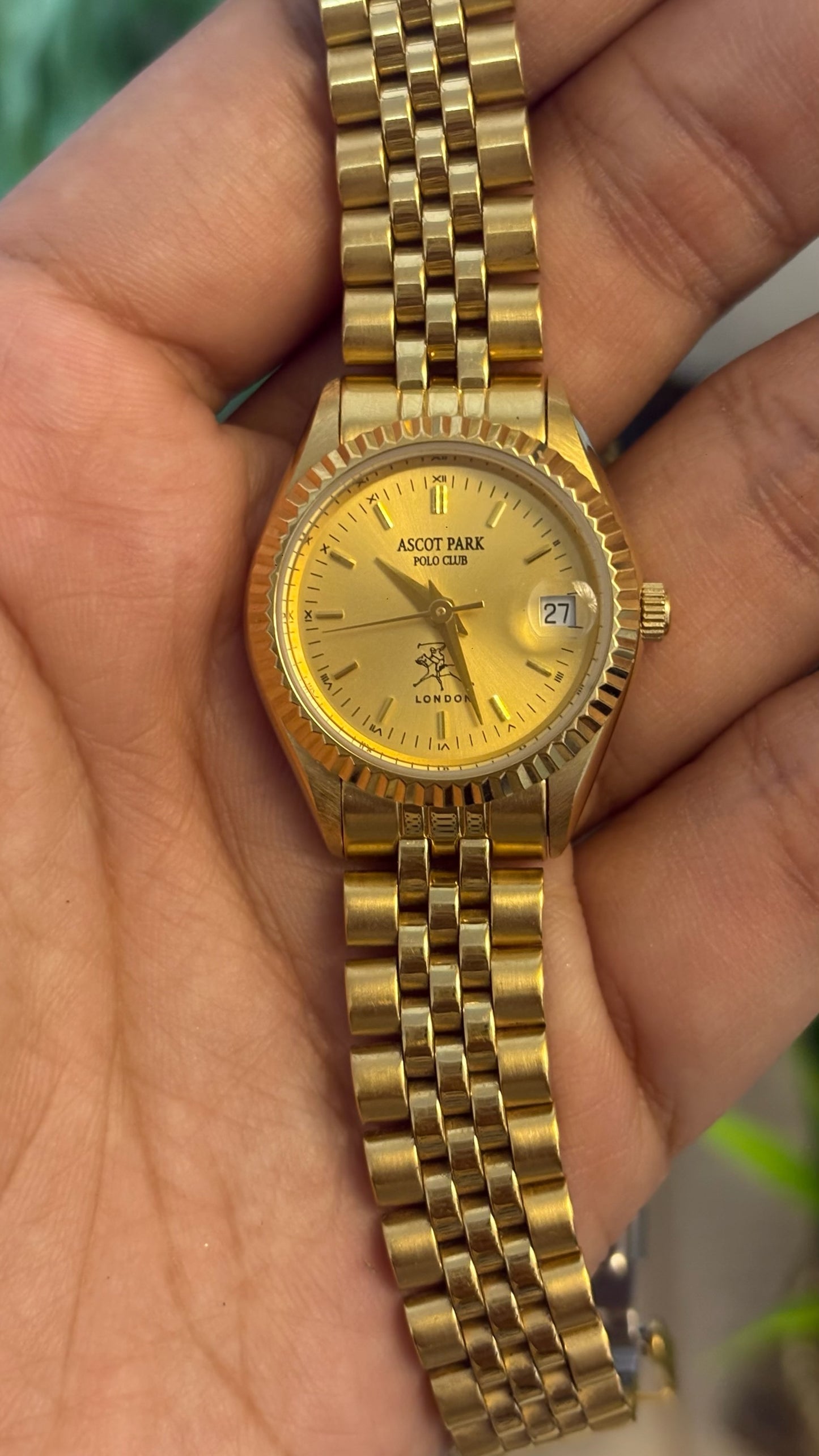Vintage Ascot Park Polo Club Round Watch with Fluted Bezel and Gold Tone Jubilee Bracelet