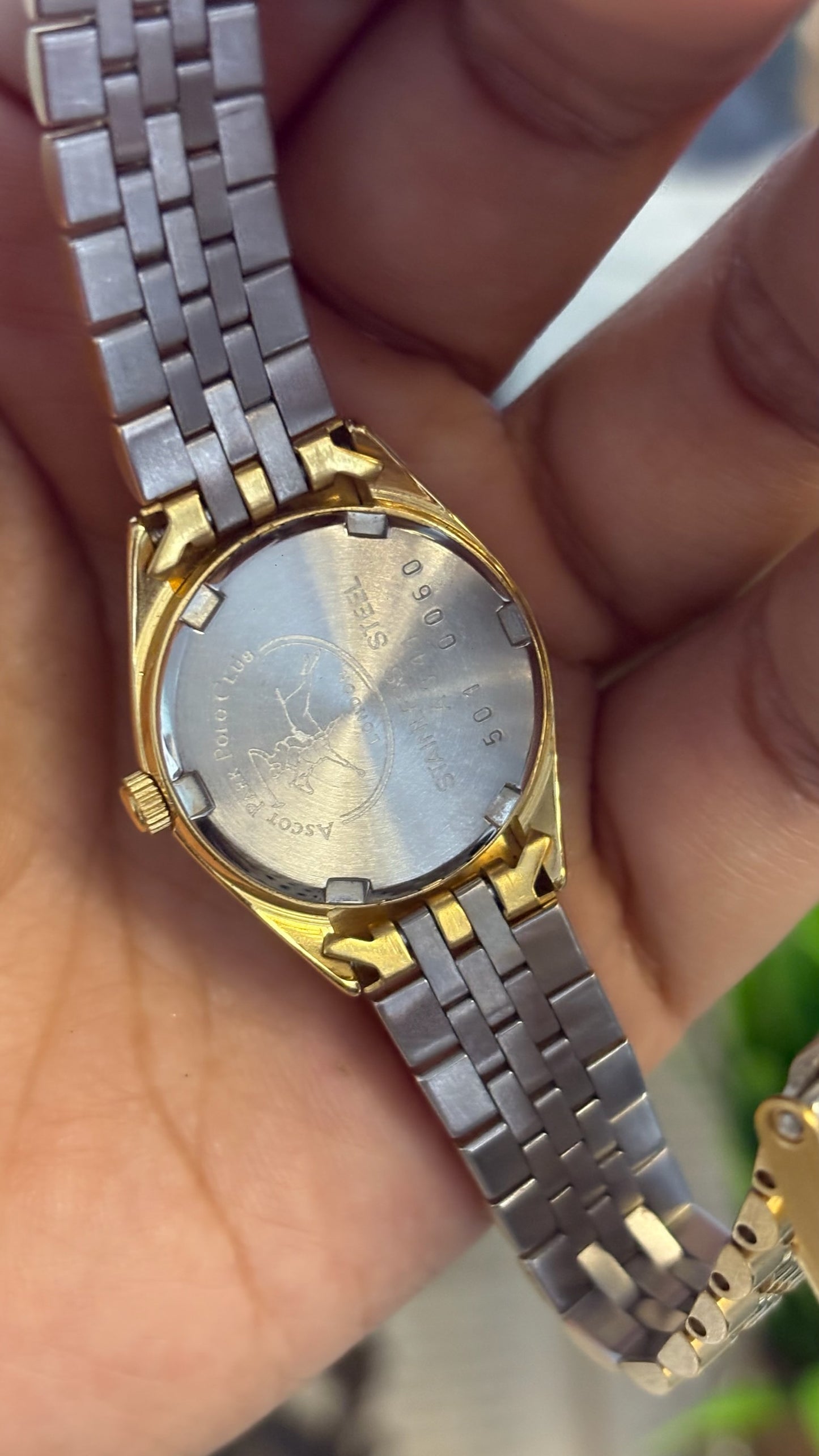 Vintage Ascot Park Polo Club Round Watch with Fluted Bezel and Gold Tone Jubilee Bracelet