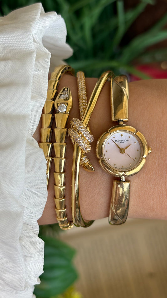 Vintage Marie Claire Watch in Gold Tone Flower Bezel Pink Pearl Dial