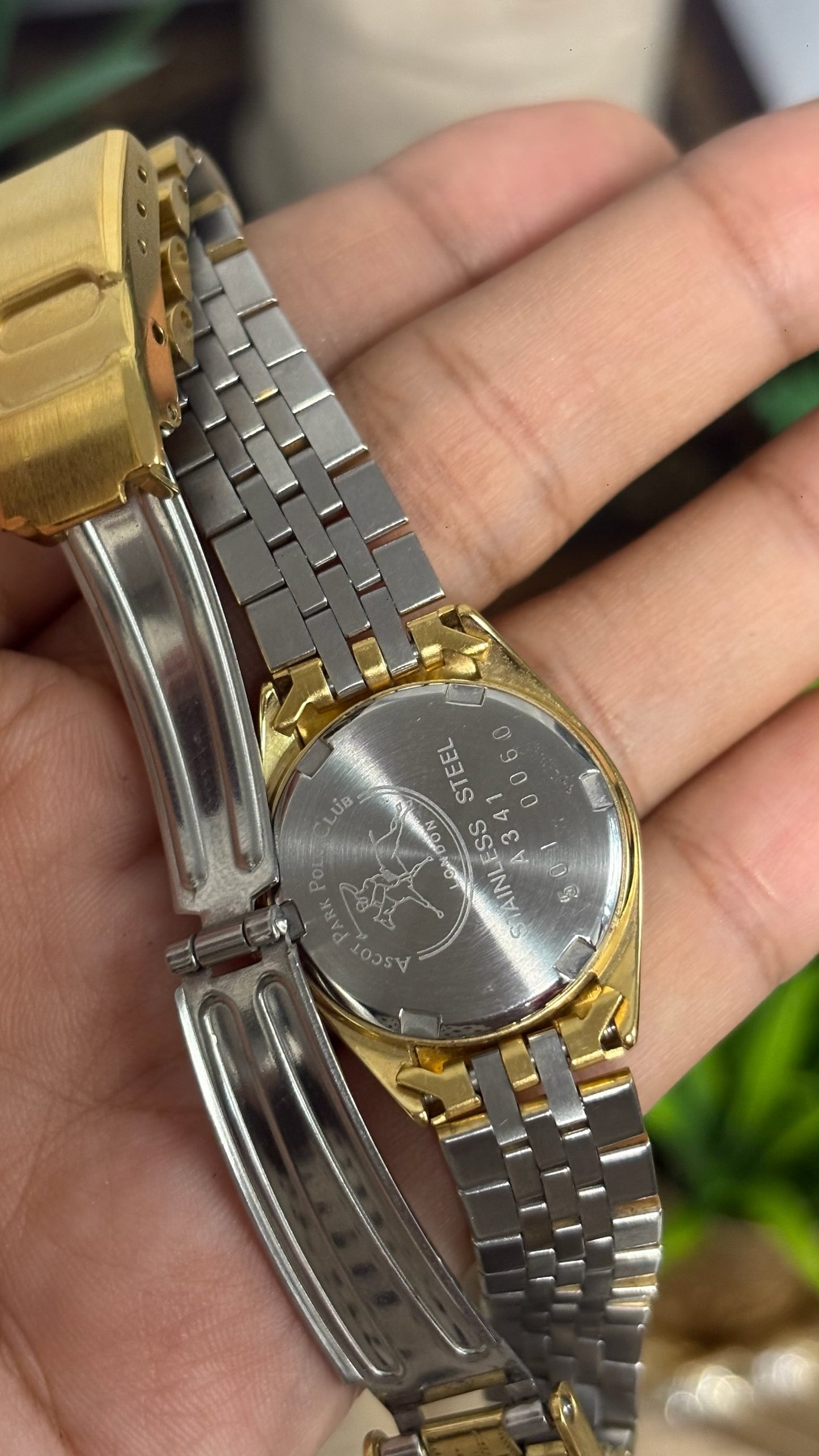 Vintage Ascot Park Polo Club Round Watch with Fluted Bezel and Gold Tone Jubilee Bracelet