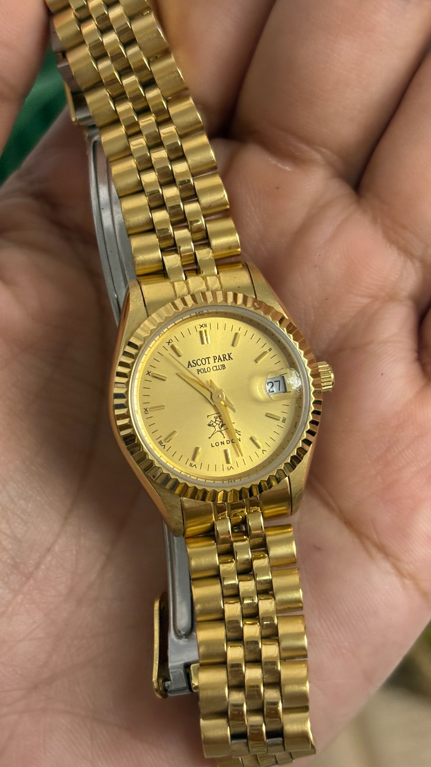 Vintage Ascot Park Polo Club Round Watch with Fluted Bezel and Gold Tone Jubilee Bracelet