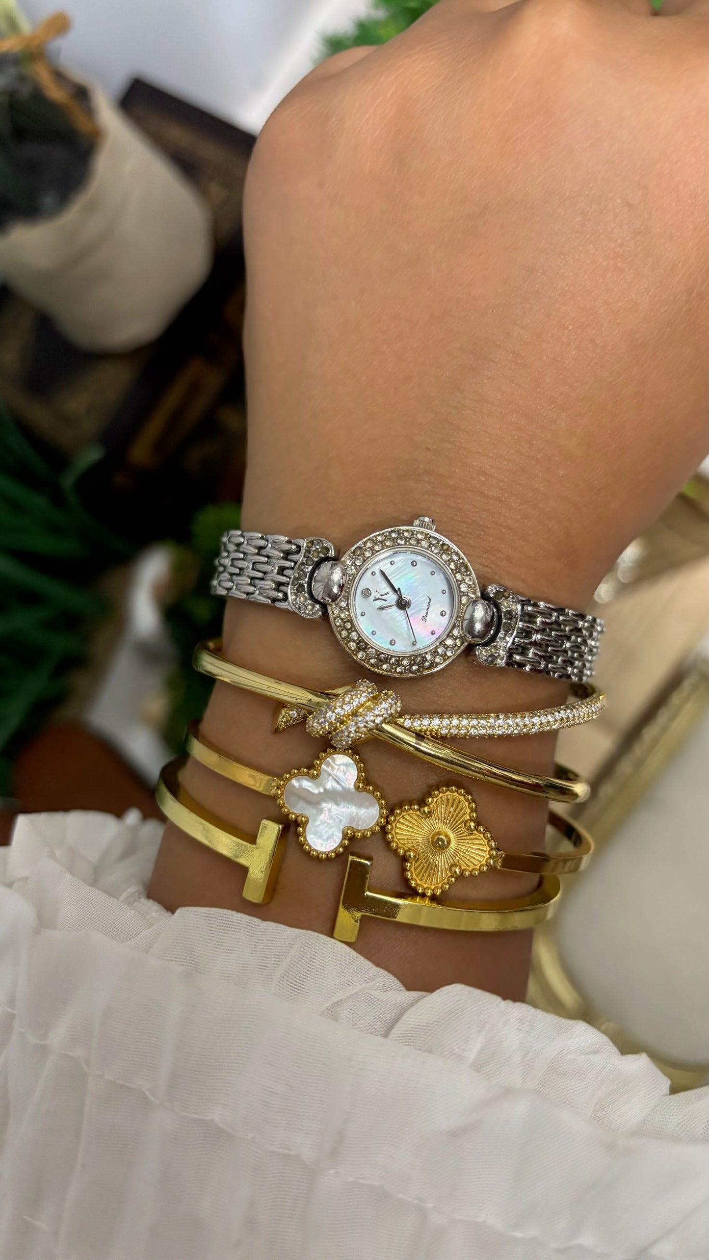 Vintage Yukiko Round Crystal Watch with Mother of Pearl Dial and Silver Tone Brick Link Strap