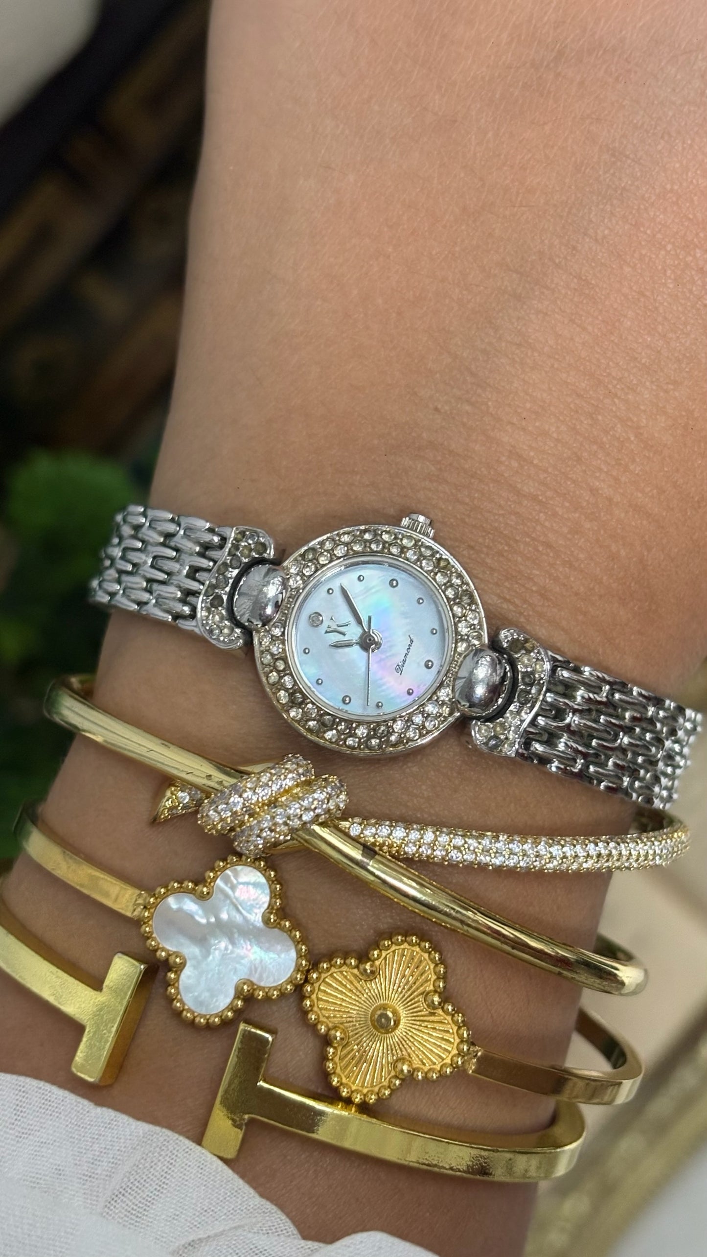 Vintage Yukiko Round Crystal Watch with Mother of Pearl Dial and Silver Tone Brick Link Strap
