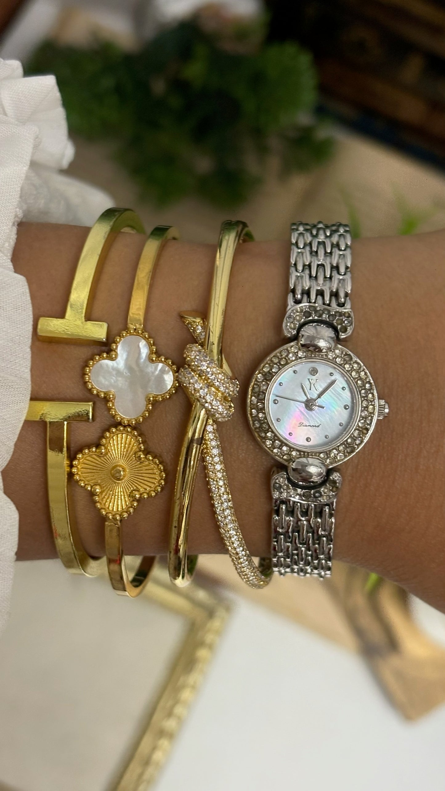 Vintage Yukiko Round Crystal Watch with Mother of Pearl Dial and Silver Tone Brick Link Strap