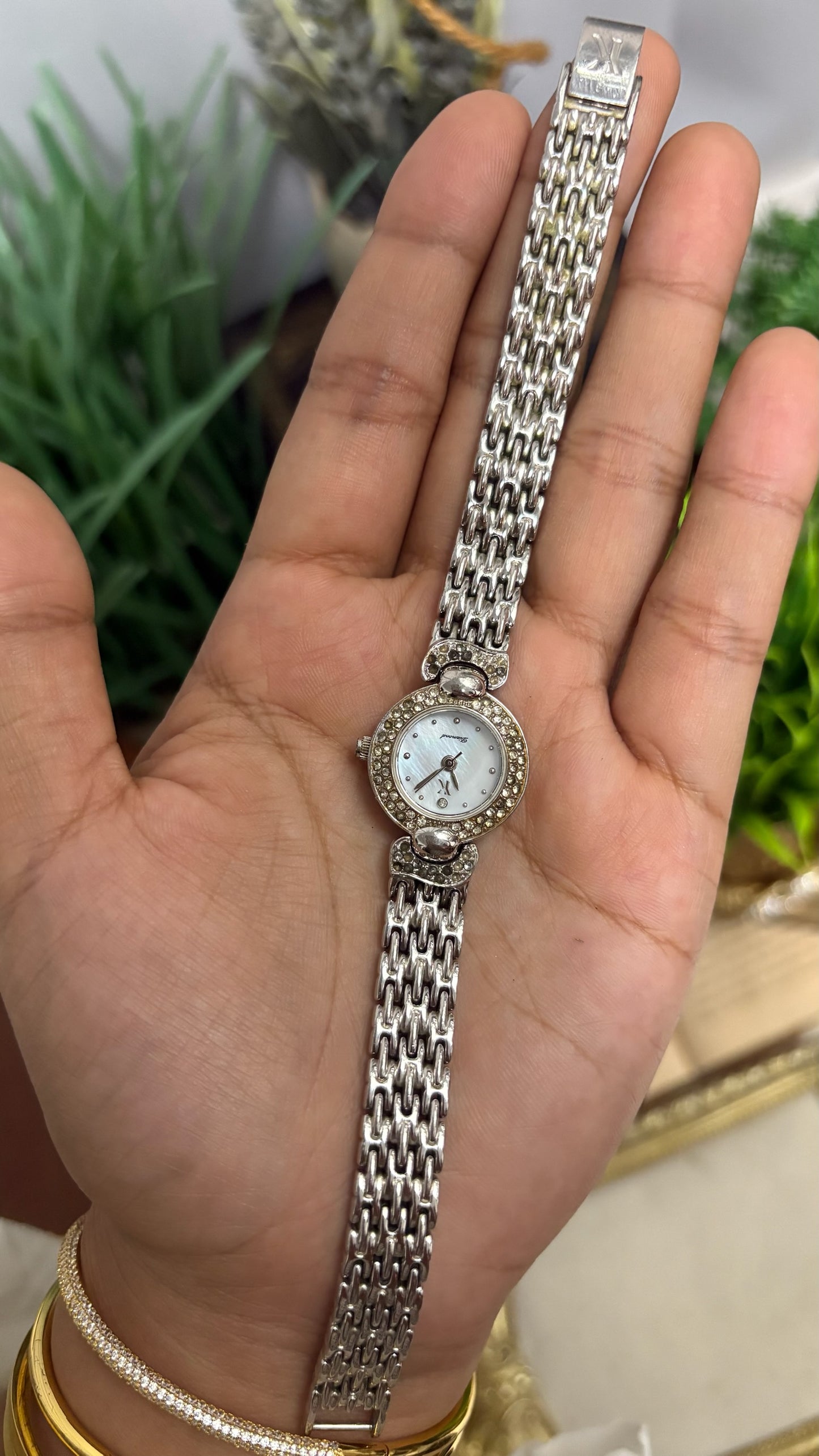Vintage Yukiko Round Crystal Watch with Mother of Pearl Dial and Silver Tone Brick Link Strap