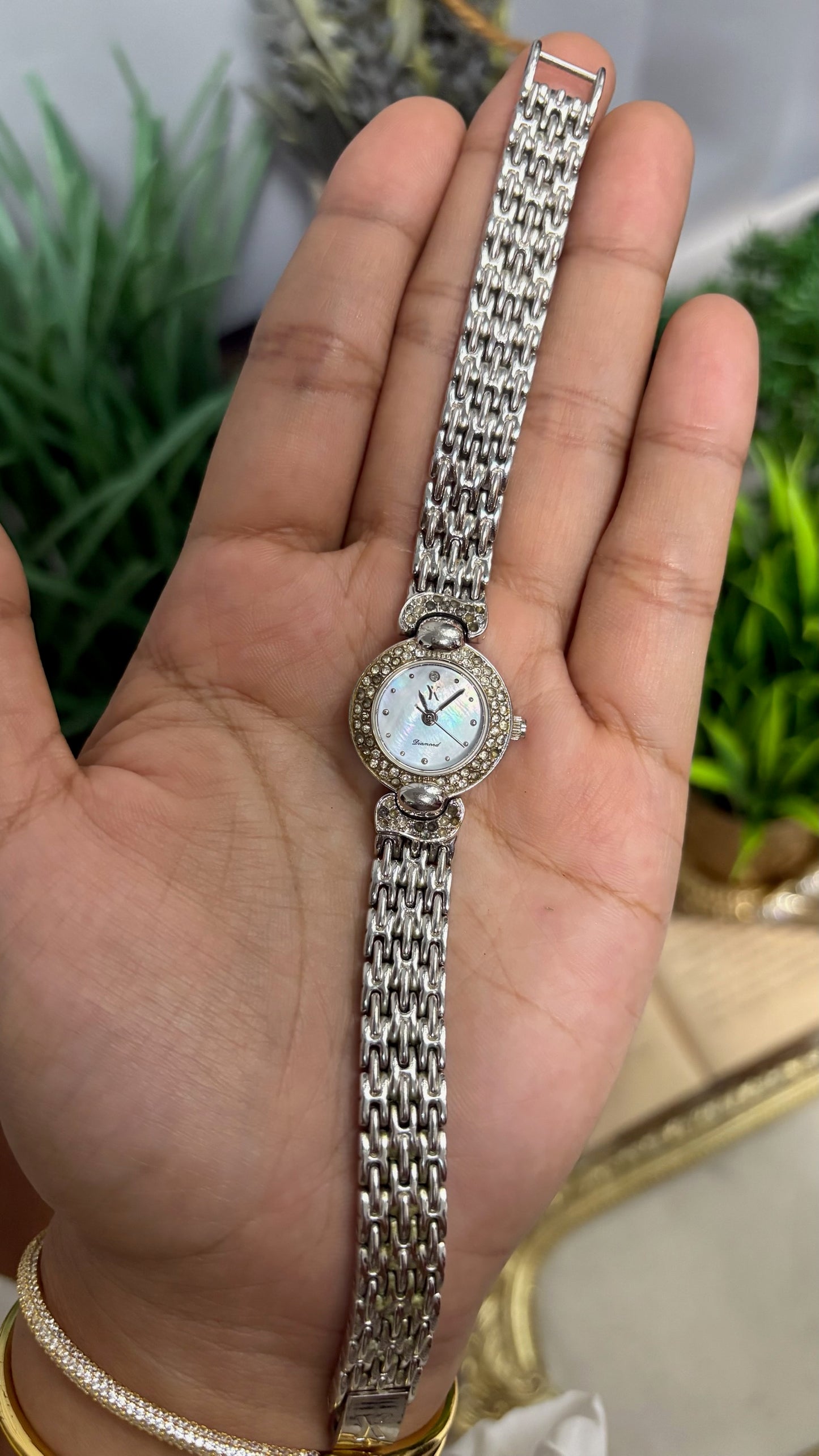 Vintage Yukiko Round Crystal Watch with Mother of Pearl Dial and Silver Tone Brick Link Strap