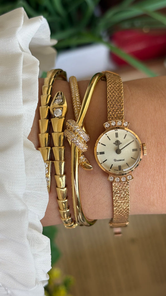 Vintage Rosemont Manual Winding Swiss Watch in Gold Tone with Six Diamonds Super Dainty