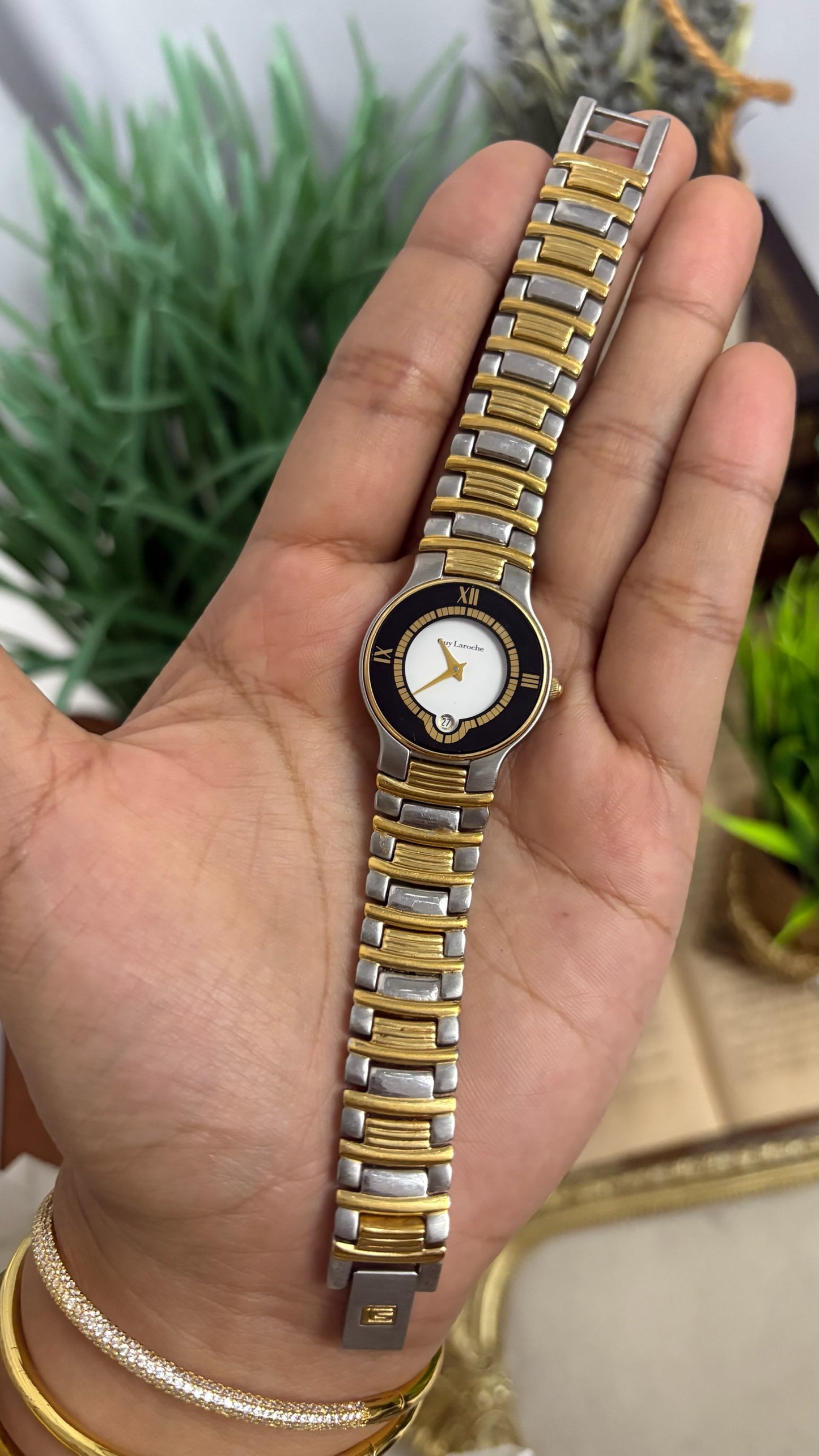 Vintage Guy Laroche Round Watch with Black and Gold Tone Bezel and Two-Tone Link Bracelet