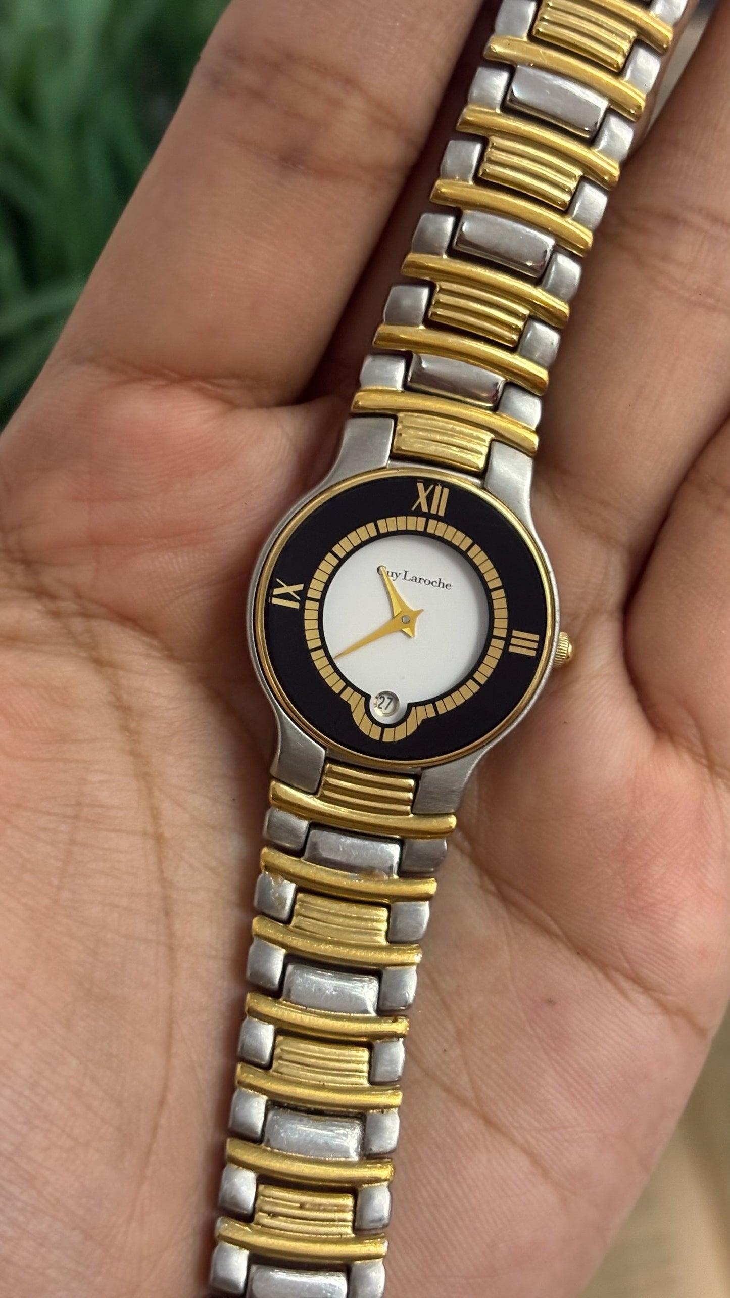 Vintage Guy Laroche Round Watch with Black and Gold Tone Bezel and Two-Tone Link Bracelet