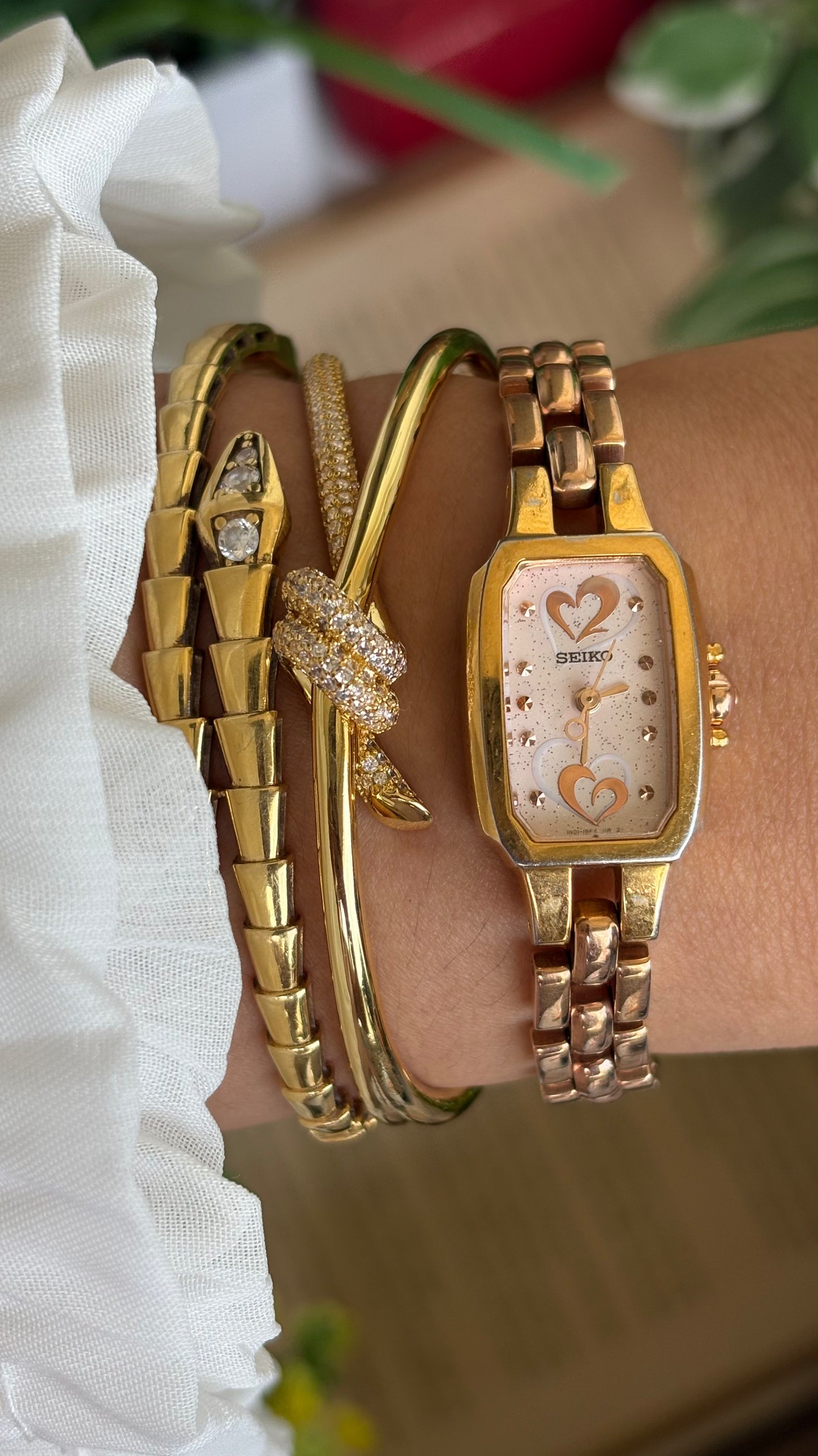 Vintage Seiko Watch in Rose Gold Tone with Hearts on Dial