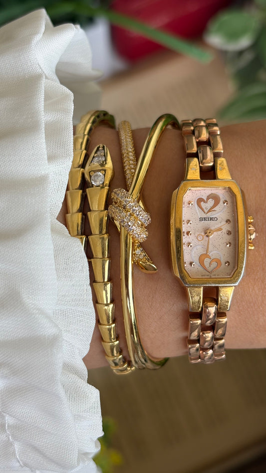 Vintage Seiko Watch in Rose Gold Tone with Hearts on Dial
