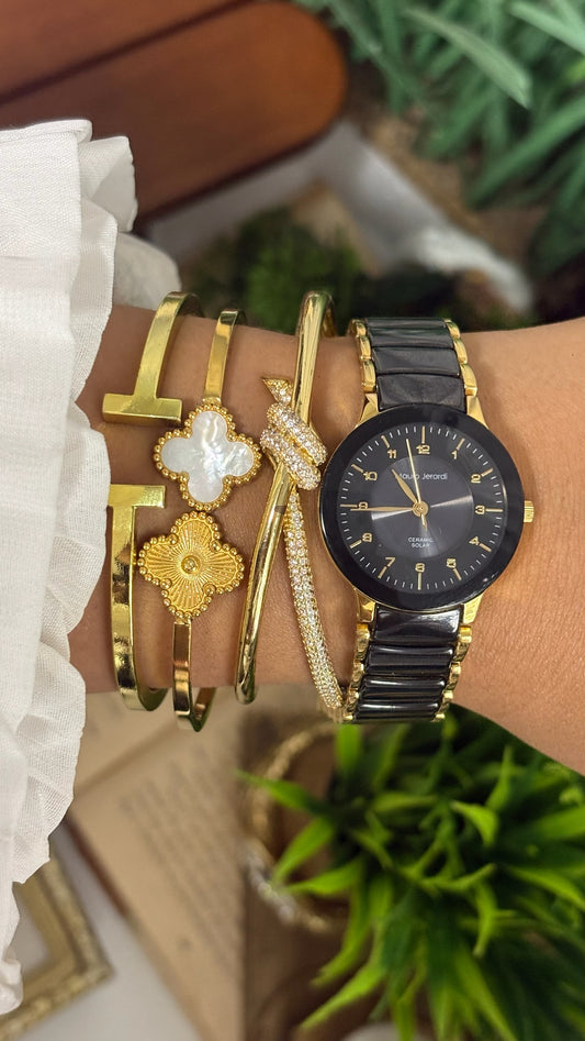 Vintage Mauro Jerardi Round Watch with Black Dial and Gold Tone/Black Ceramic Link Bracelet