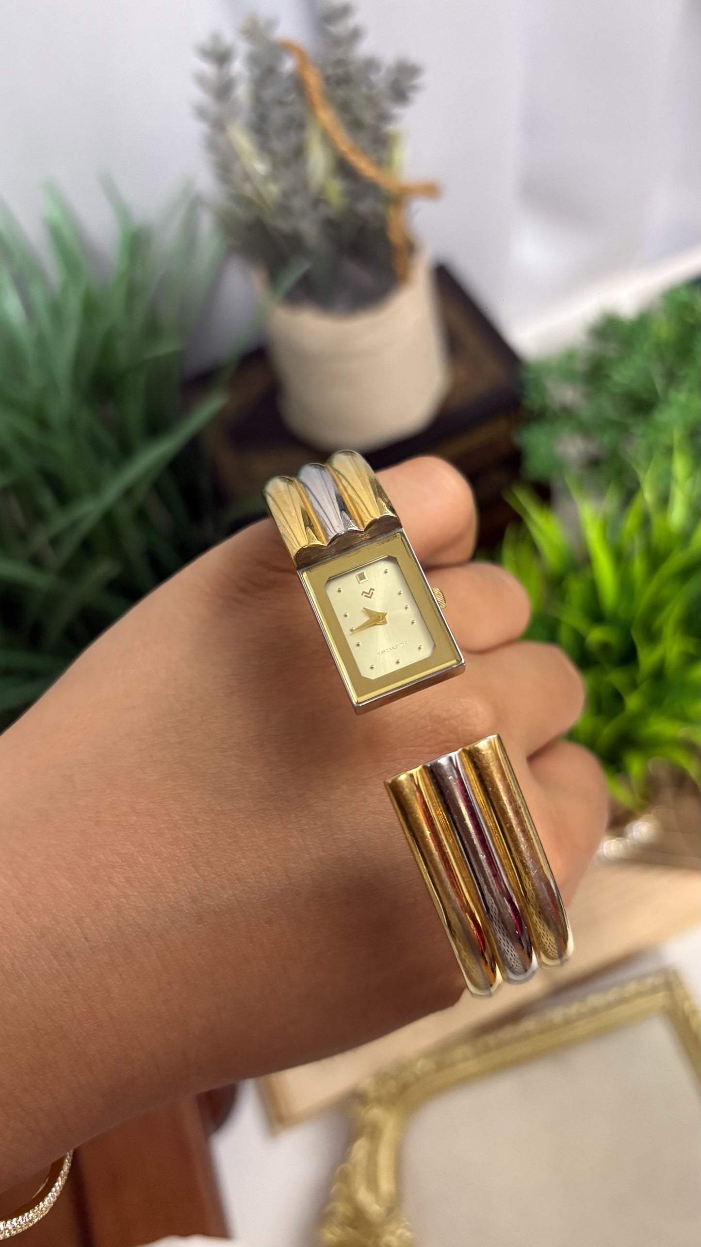 Vintage Mario Valentino Rectangular Watch with Two-Tone Ribbed Cuff Bracelet Quartz