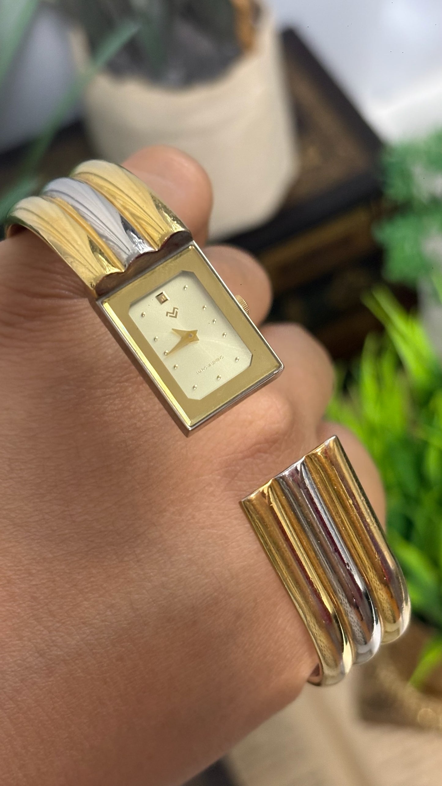 Vintage Mario Valentino Rectangular Watch with Two-Tone Ribbed Cuff Bracelet Quartz