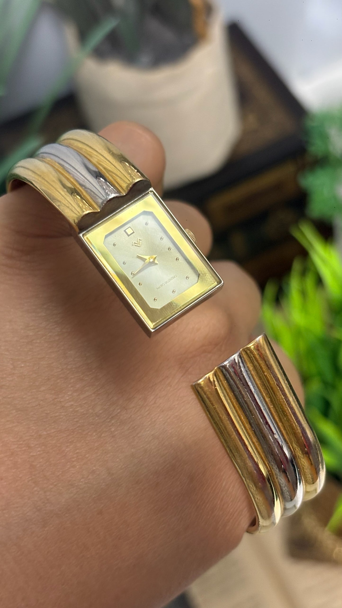 Vintage Mario Valentino Rectangular Watch with Two-Tone Ribbed Cuff Bracelet Quartz