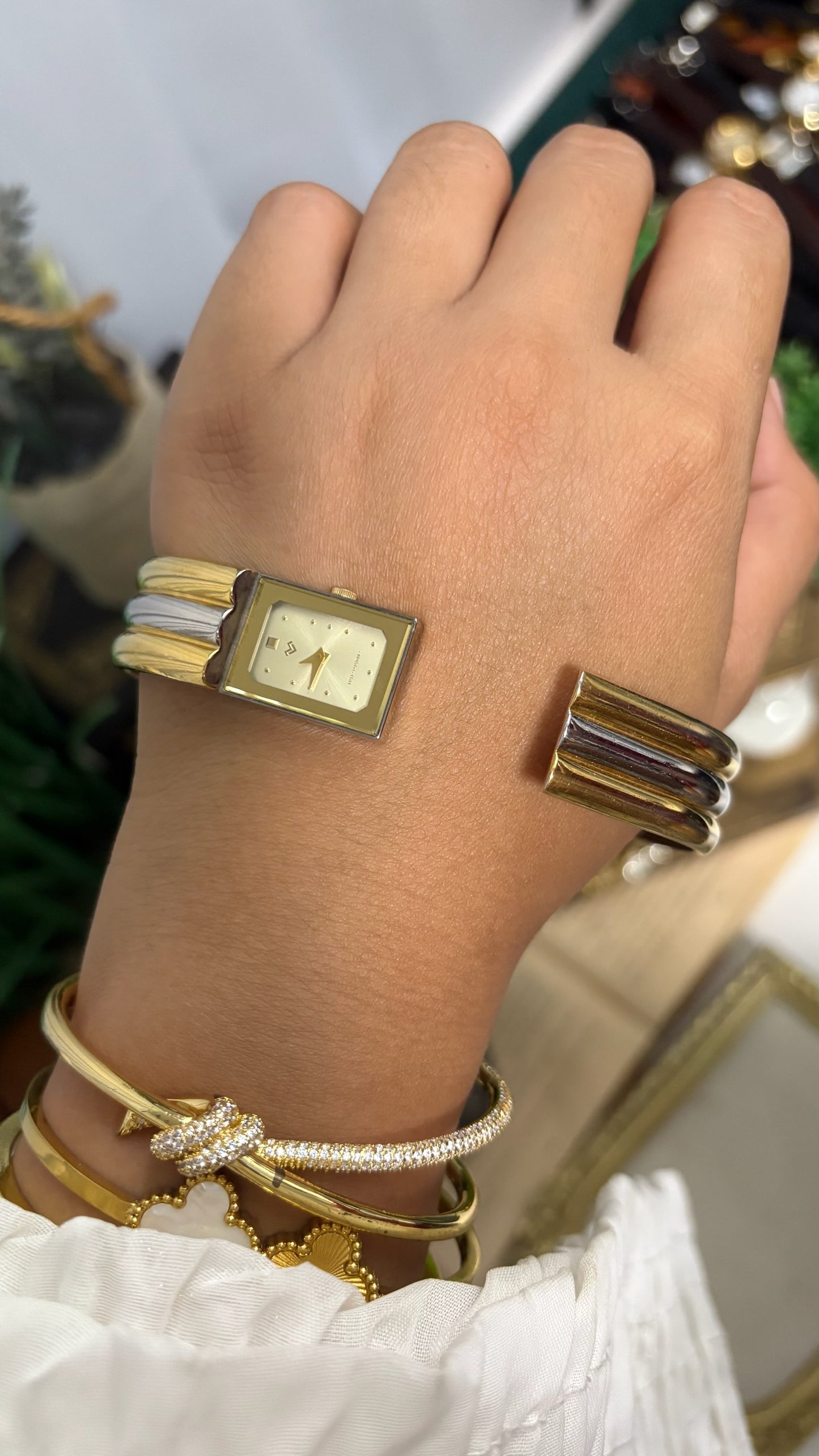 Vintage Mario Valentino Rectangular Watch with Two-Tone Ribbed Cuff Bracelet Quartz