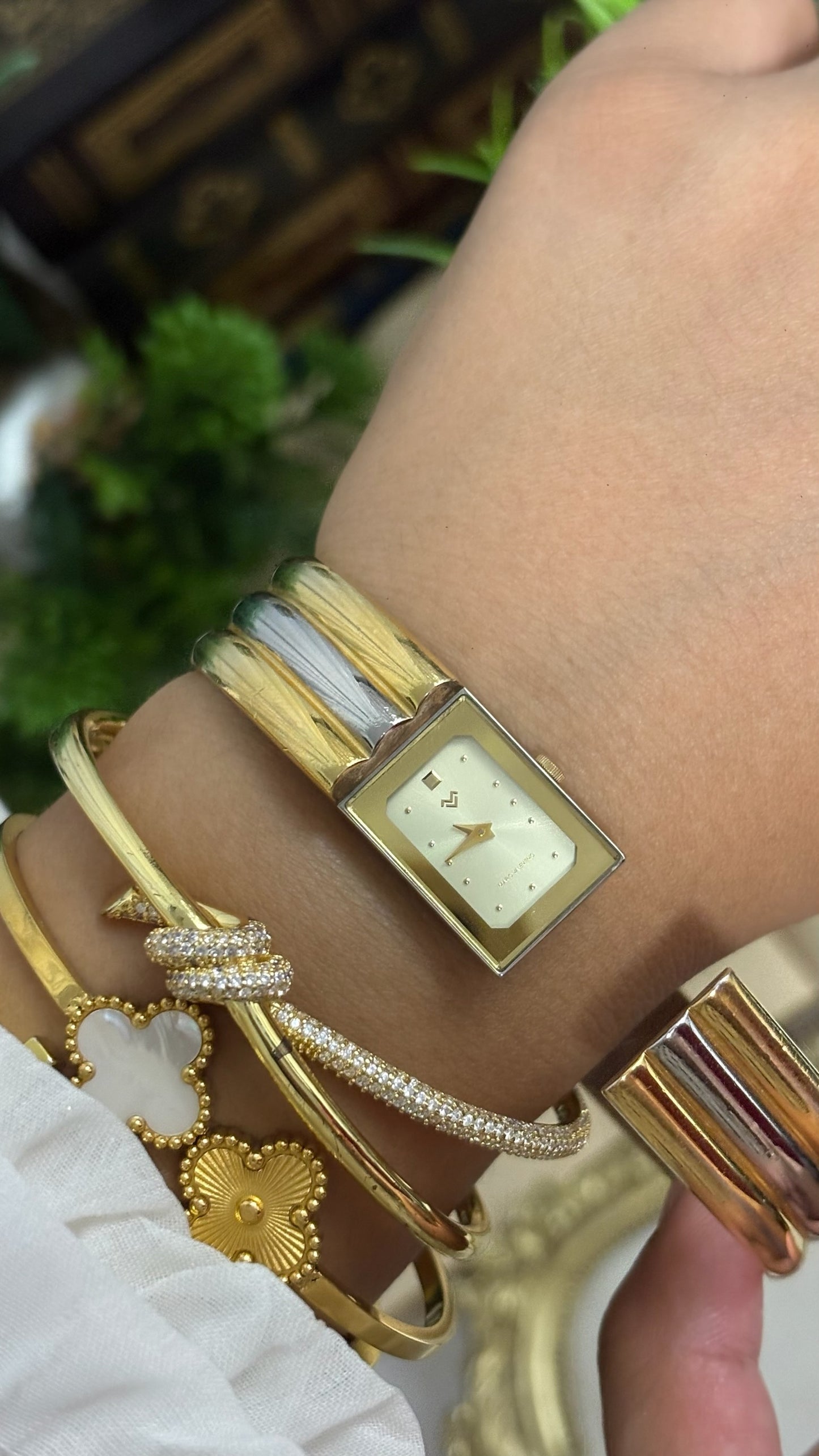 Vintage Mario Valentino Rectangular Watch with Two-Tone Ribbed Cuff Bracelet Quartz
