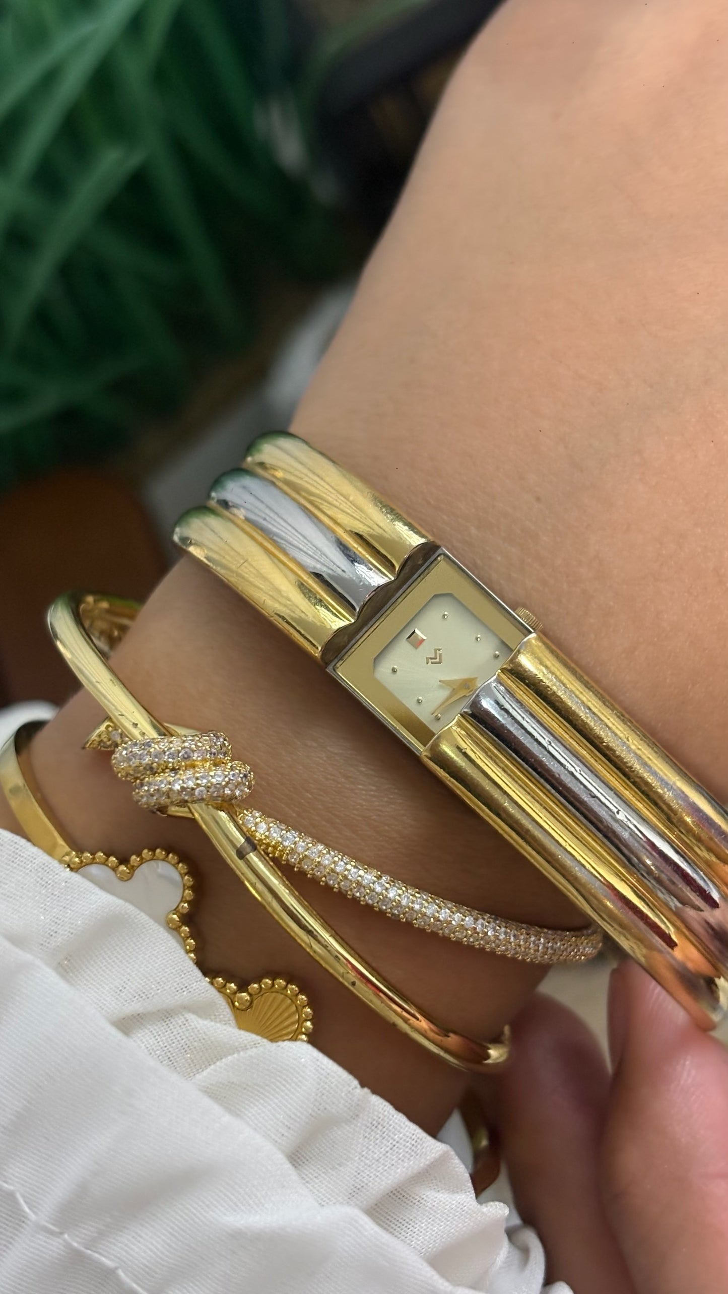 Vintage Mario Valentino Rectangular Watch with Two-Tone Ribbed Cuff Bracelet Quartz