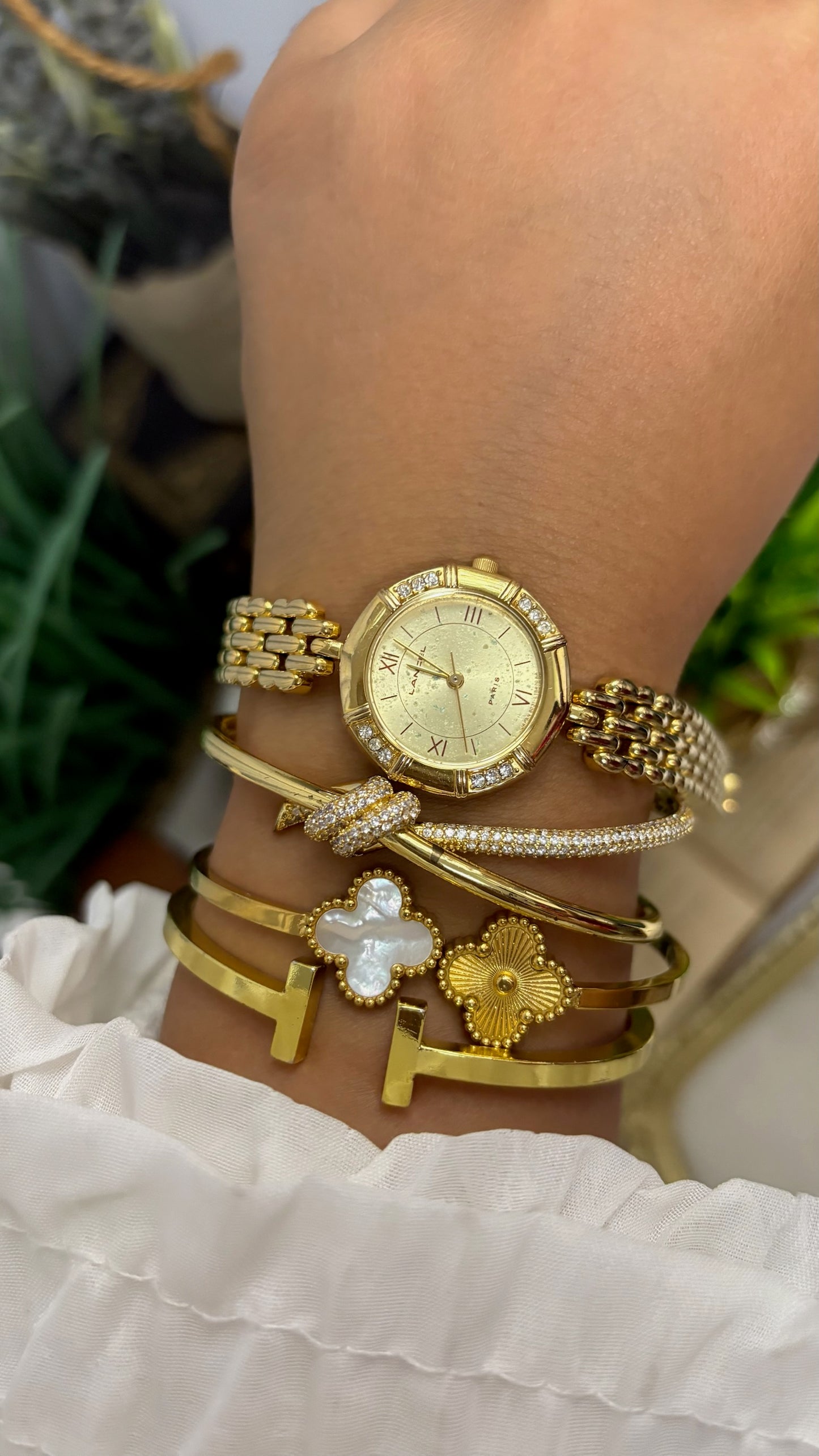 Vintage Lancel Paris Round Crystal Watch with Gold Tone Linked Bracelet Quartz