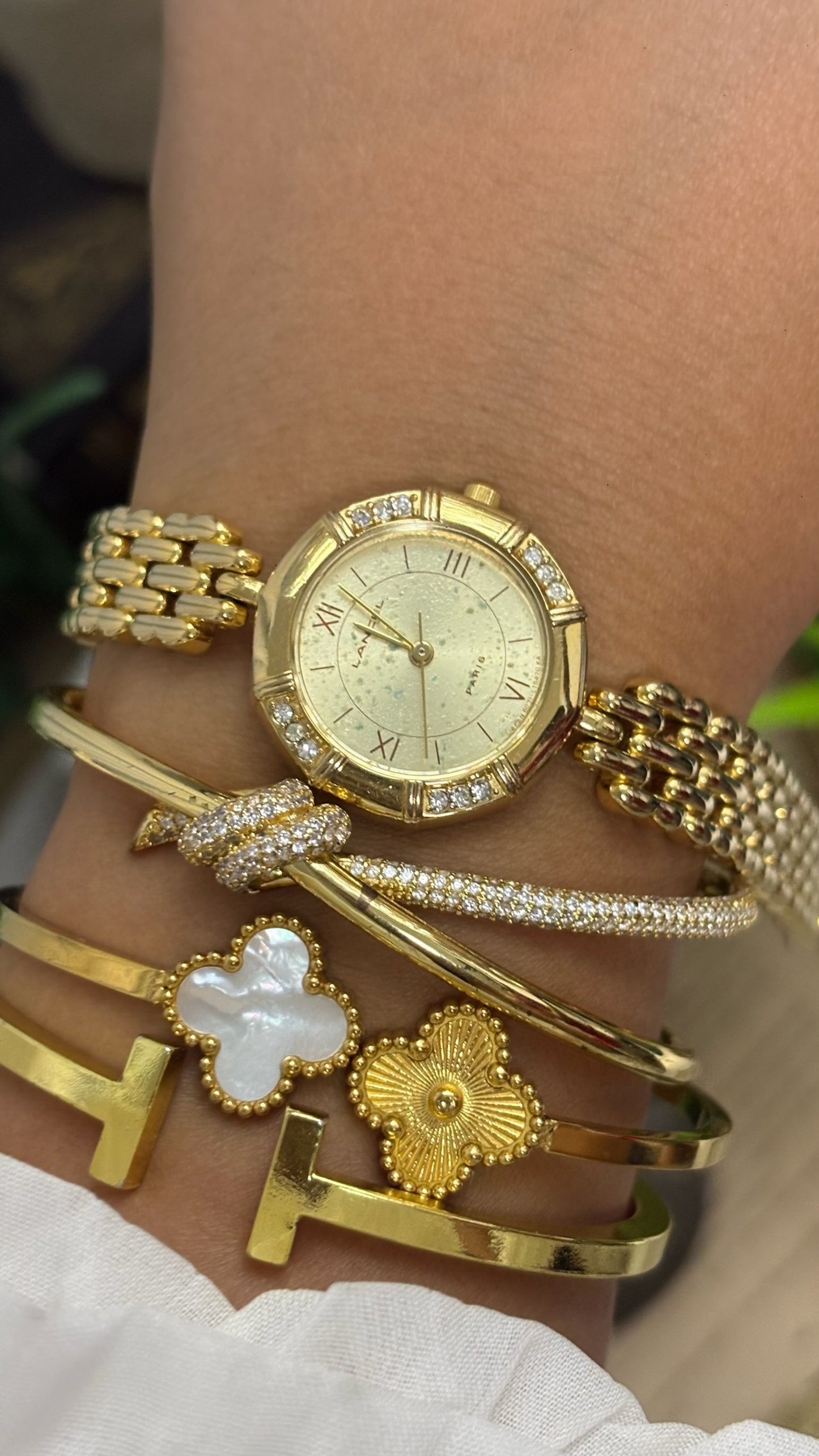 Vintage Lancel Paris Round Crystal Watch with Gold Tone Linked Bracelet Quartz