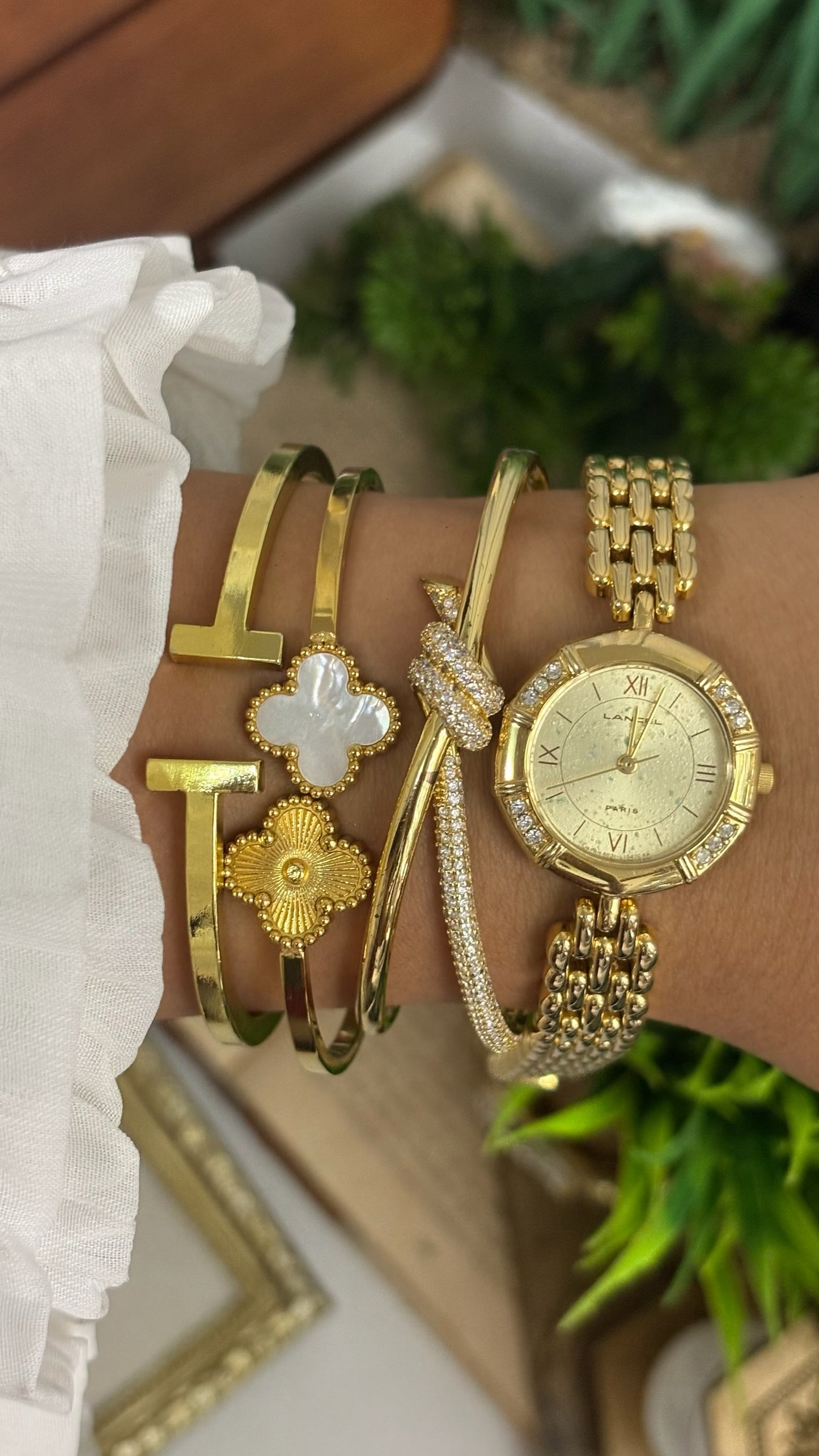 Vintage Lancel Paris Round Crystal Watch with Gold Tone Linked Bracelet Quartz
