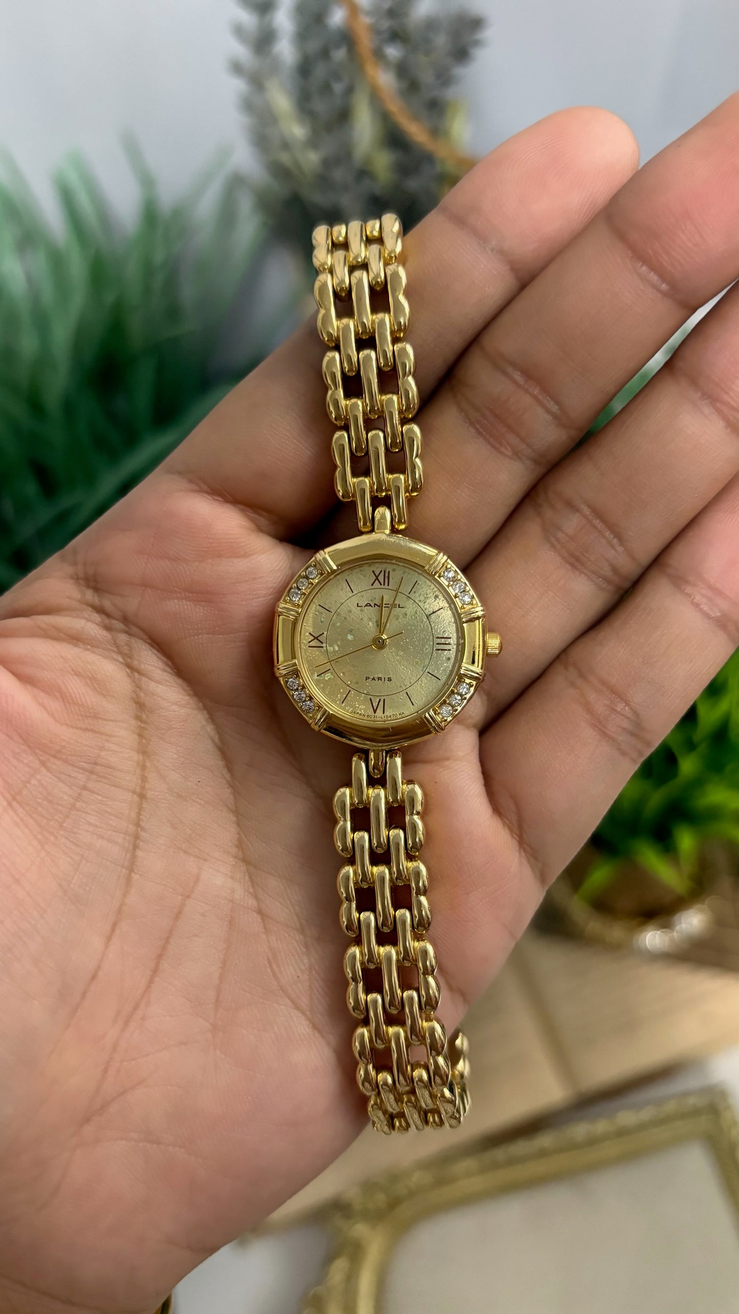 Vintage Lancel Paris Round Crystal Watch with Gold Tone Linked Bracelet Quartz