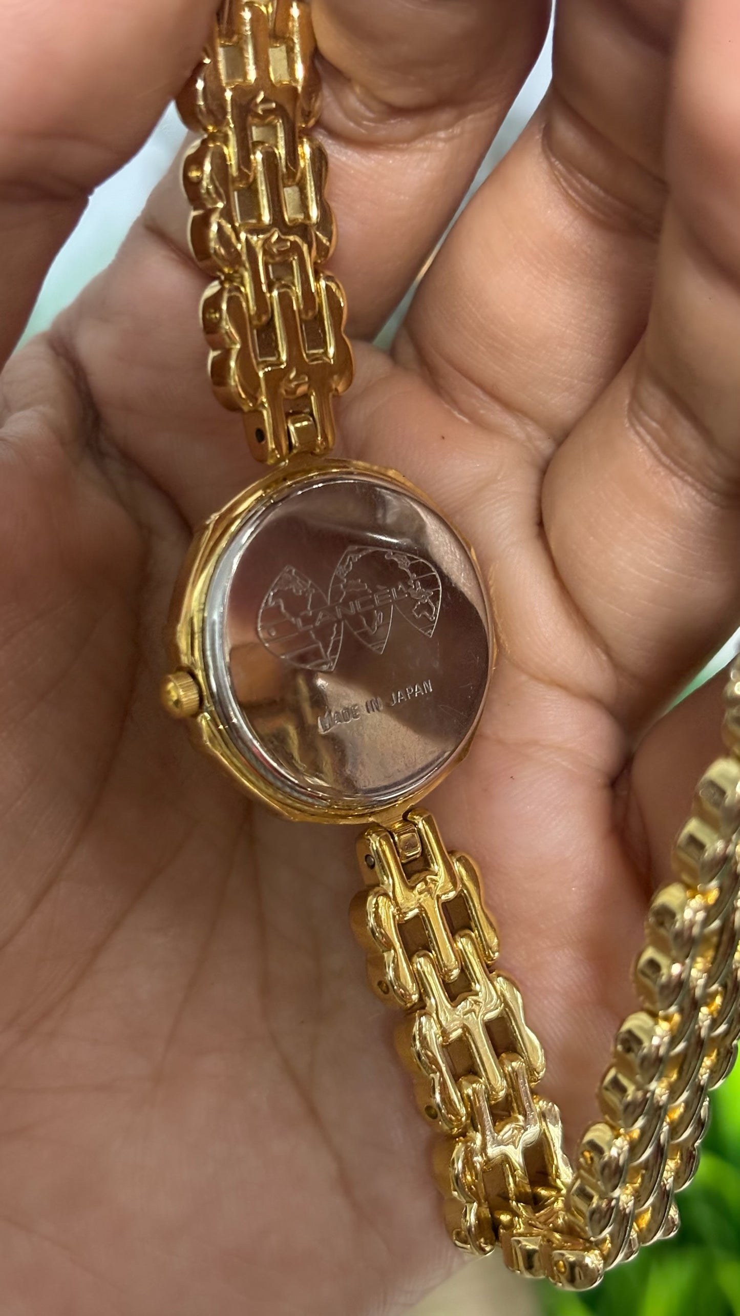 Vintage Lancel Paris Round Crystal Watch with Gold Tone Linked Bracelet Quartz