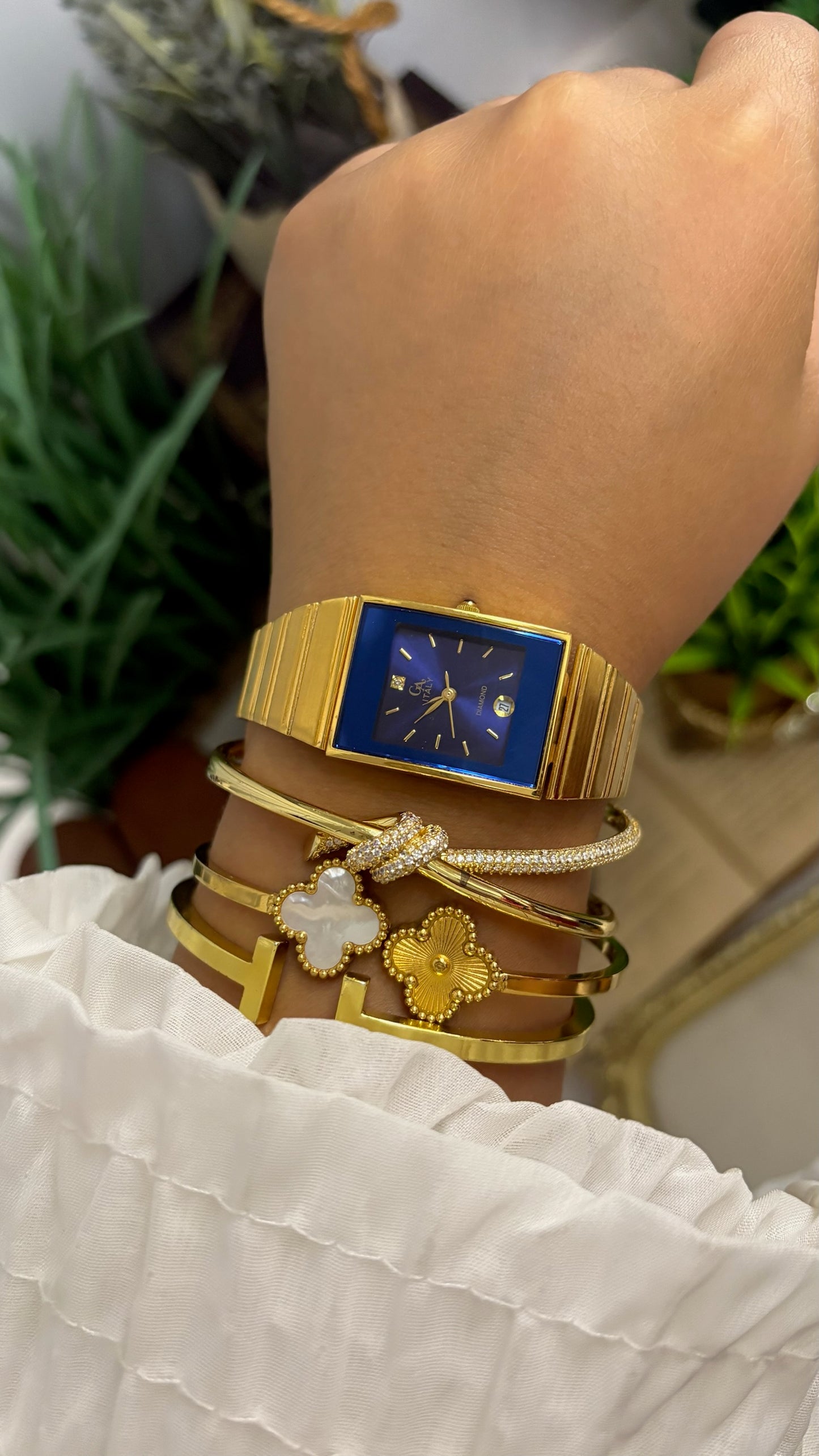 Vintage GA Vitaly Rectangular Watch with Blue Dial and Gold Tone Flat Link Bracelet Quartz