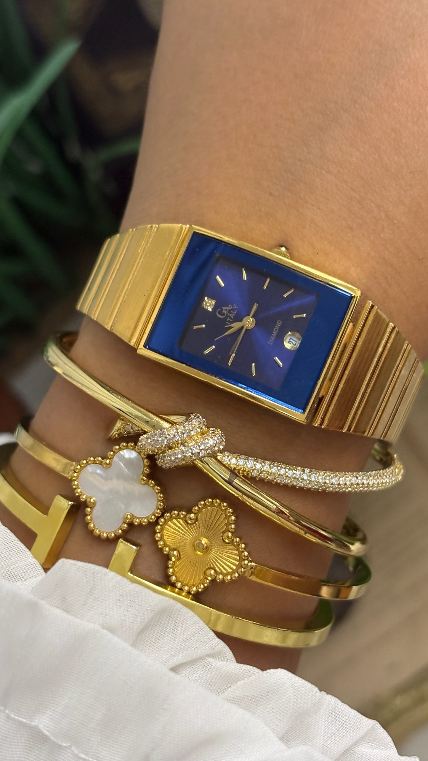 Vintage GA Vitaly Rectangular Watch with Blue Dial and Gold Tone Flat Link Bracelet Quartz
