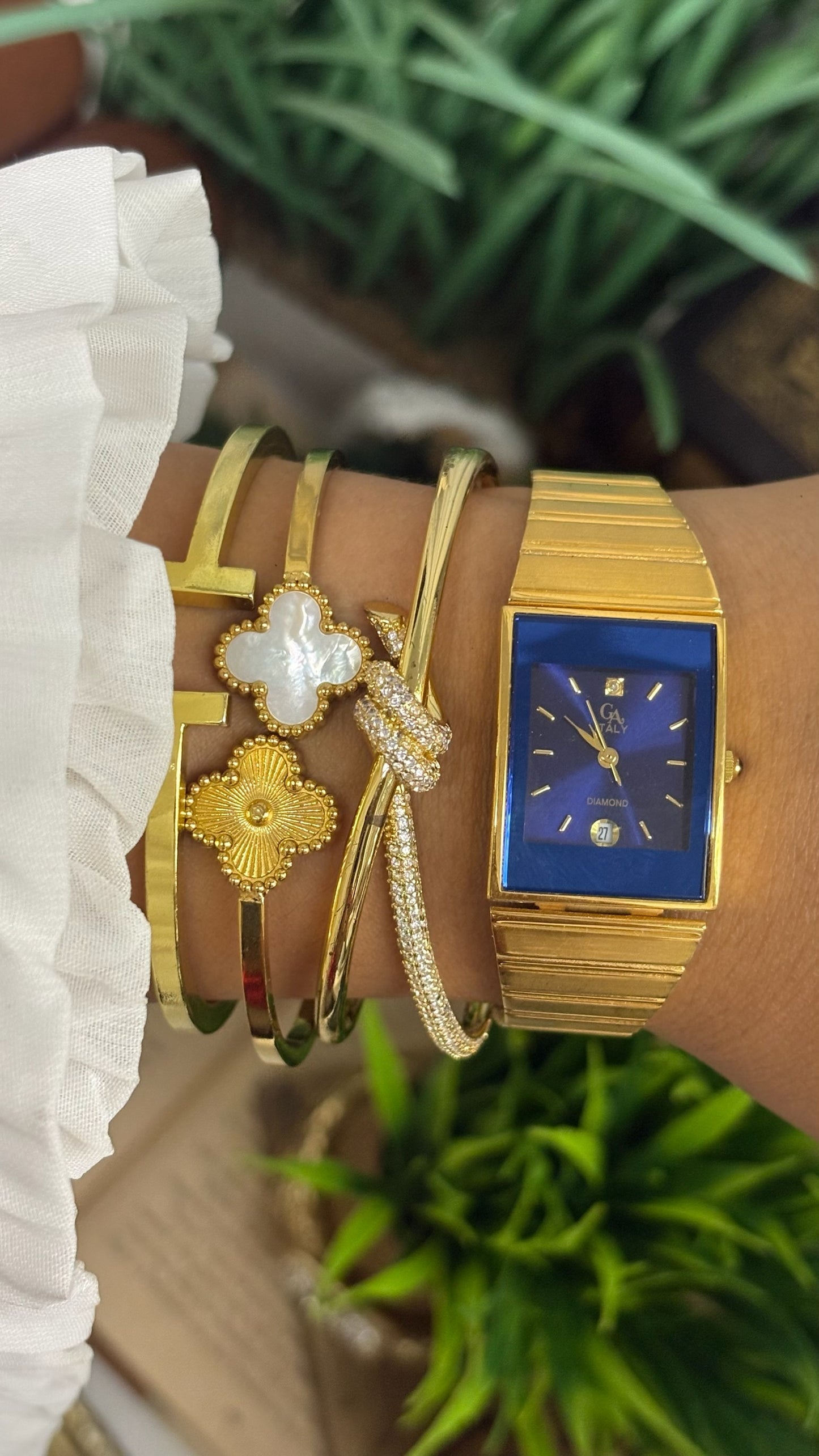 Vintage GA Vitaly Rectangular Watch with Blue Dial and Gold Tone Flat Link Bracelet Quartz