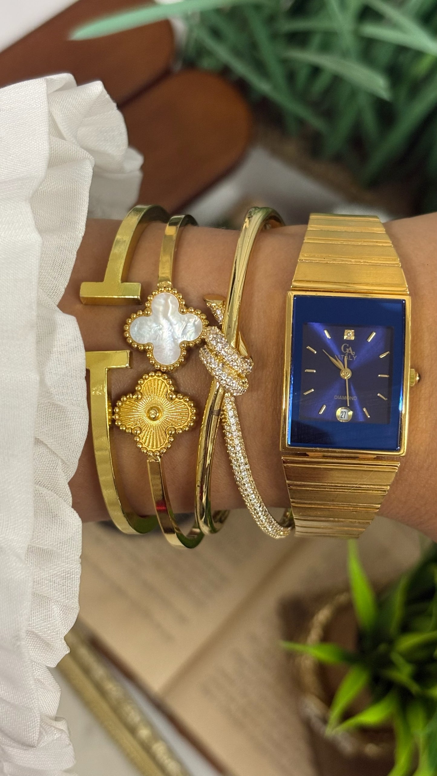 Vintage GA Vitaly Rectangular Watch with Blue Dial and Gold Tone Flat Link Bracelet Quartz