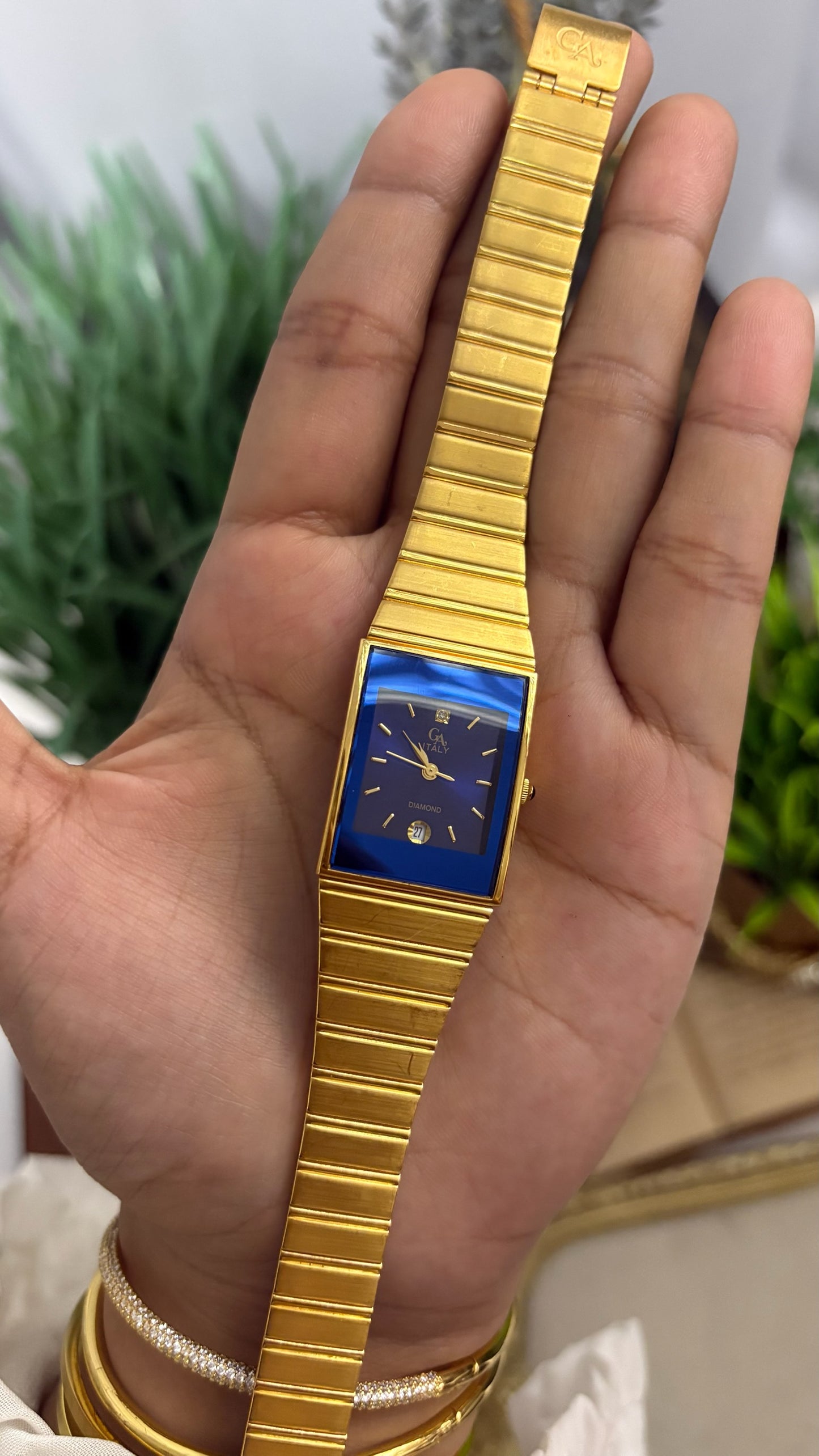 Vintage GA Vitaly Rectangular Watch with Blue Dial and Gold Tone Flat Link Bracelet Quartz