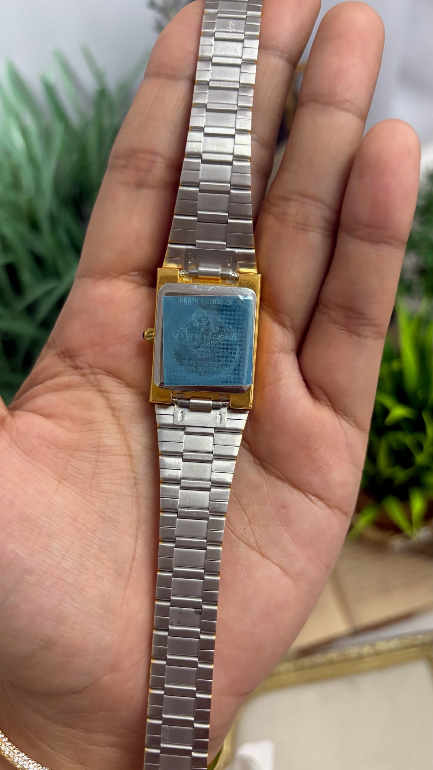 Vintage GA Vitaly Rectangular Watch with Blue Dial and Gold Tone Flat Link Bracelet Quartz
