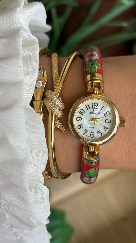 Extremely Rare Vintage L. Alex Cloisonné Watch in Gold Tone Pearl Dial Ancient Deco