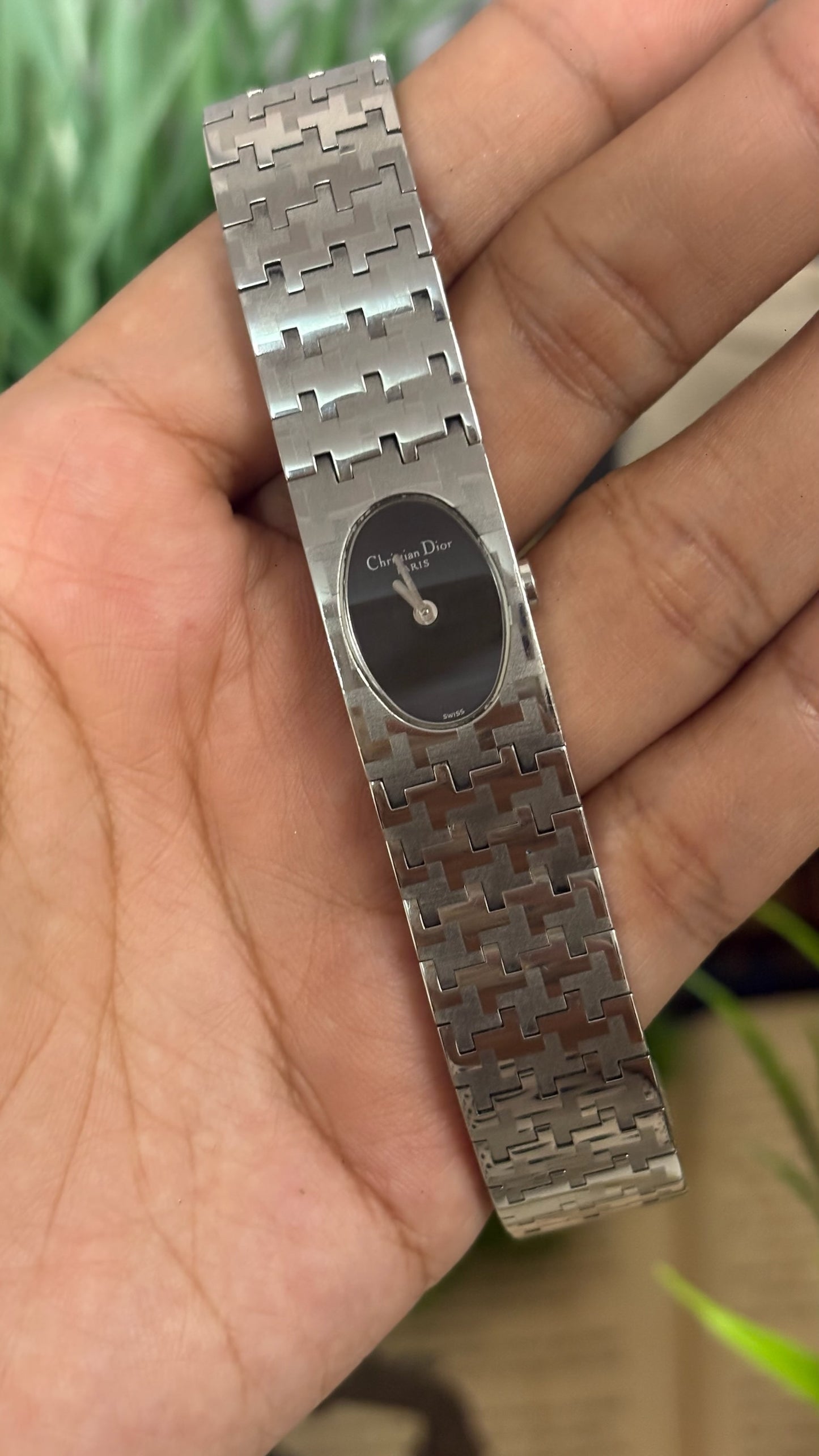 Vintage Christian Dior Oval Watch with Black Dial and Silver Tone Textured Brick Link Bracelet Swiss Made